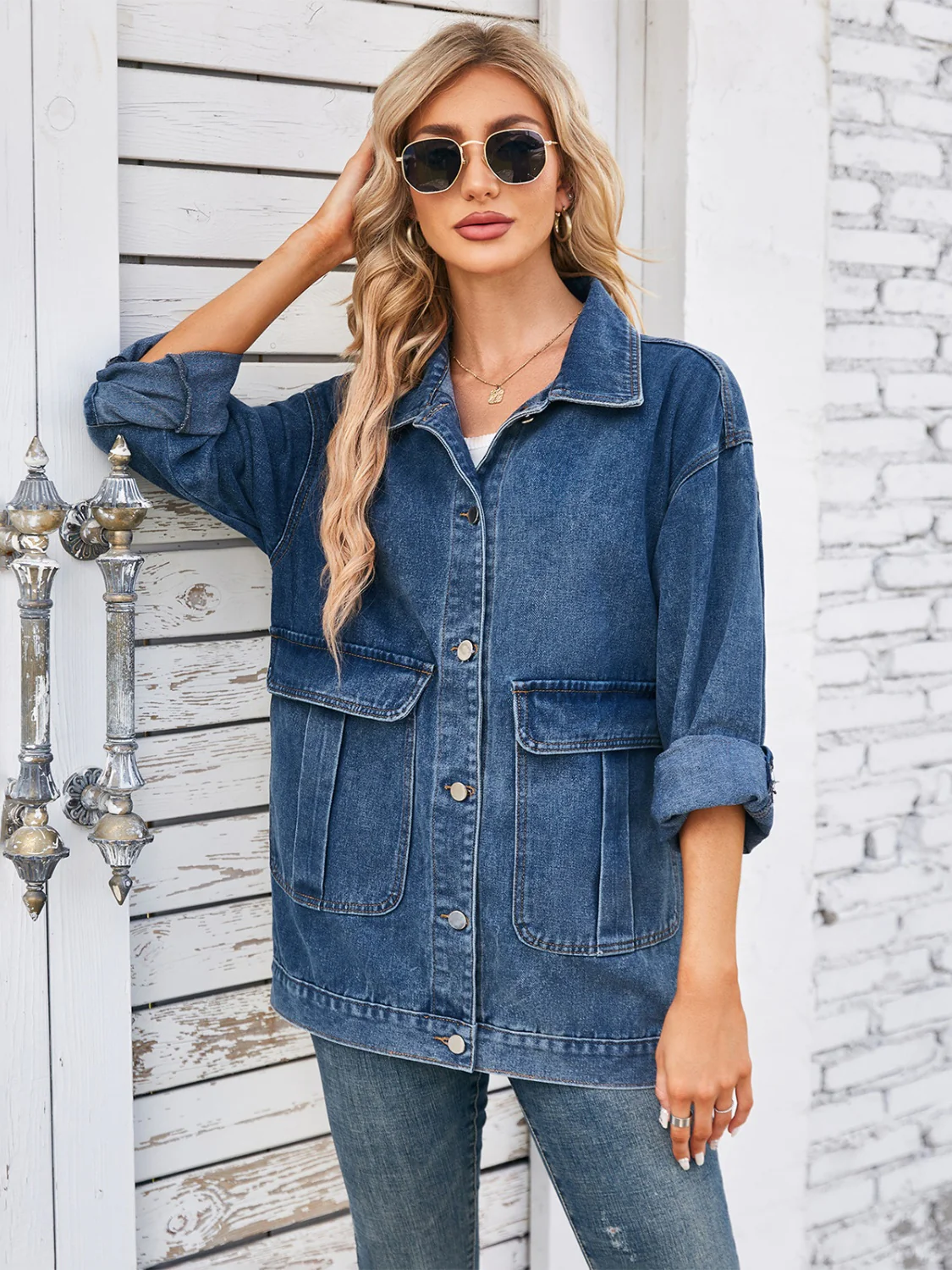 Button Up Long Sleeve Denim Jacket - Image 6