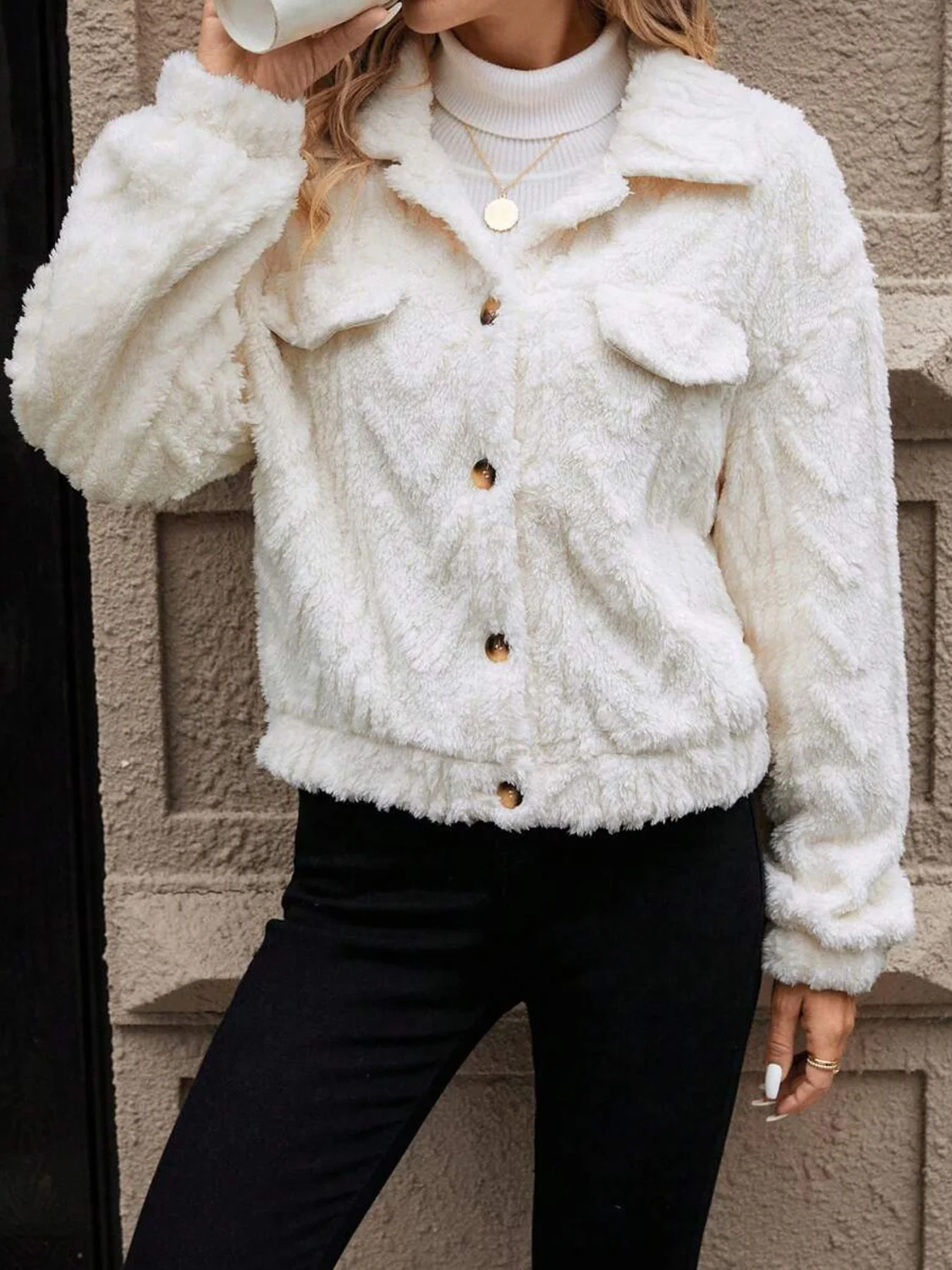 Button Up Long Sleeve Fuzzy Outerwear - Image 2