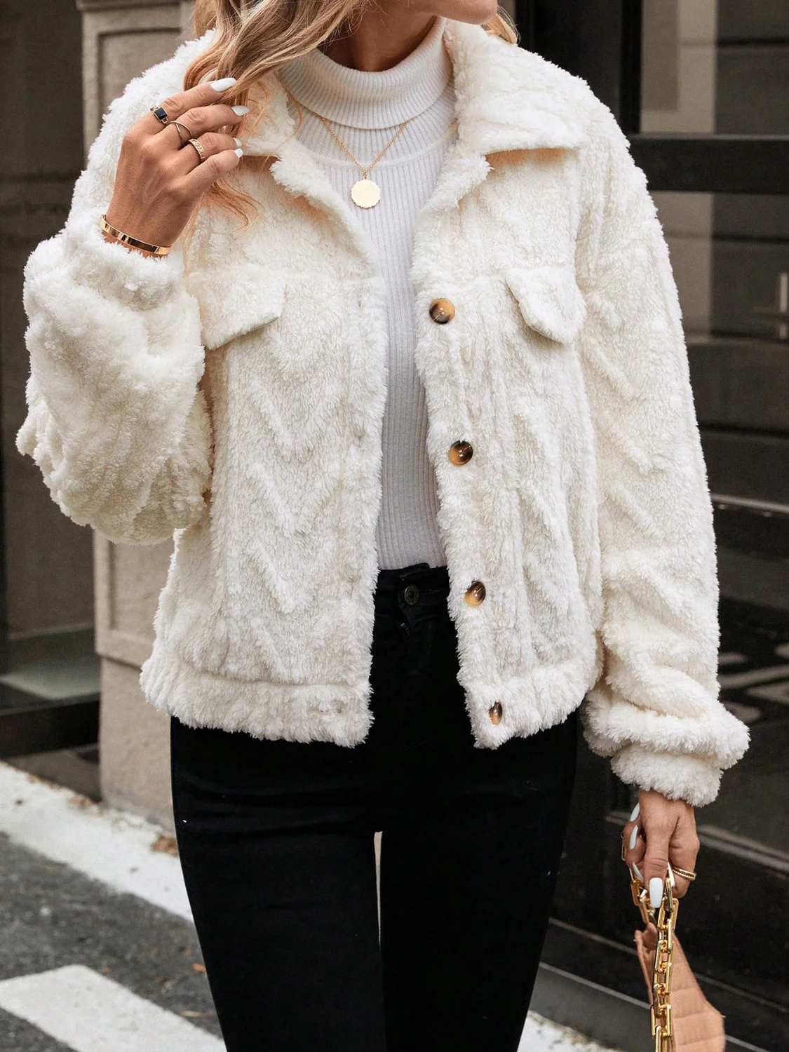 Button Up Long Sleeve Fuzzy Outerwear - Image 4