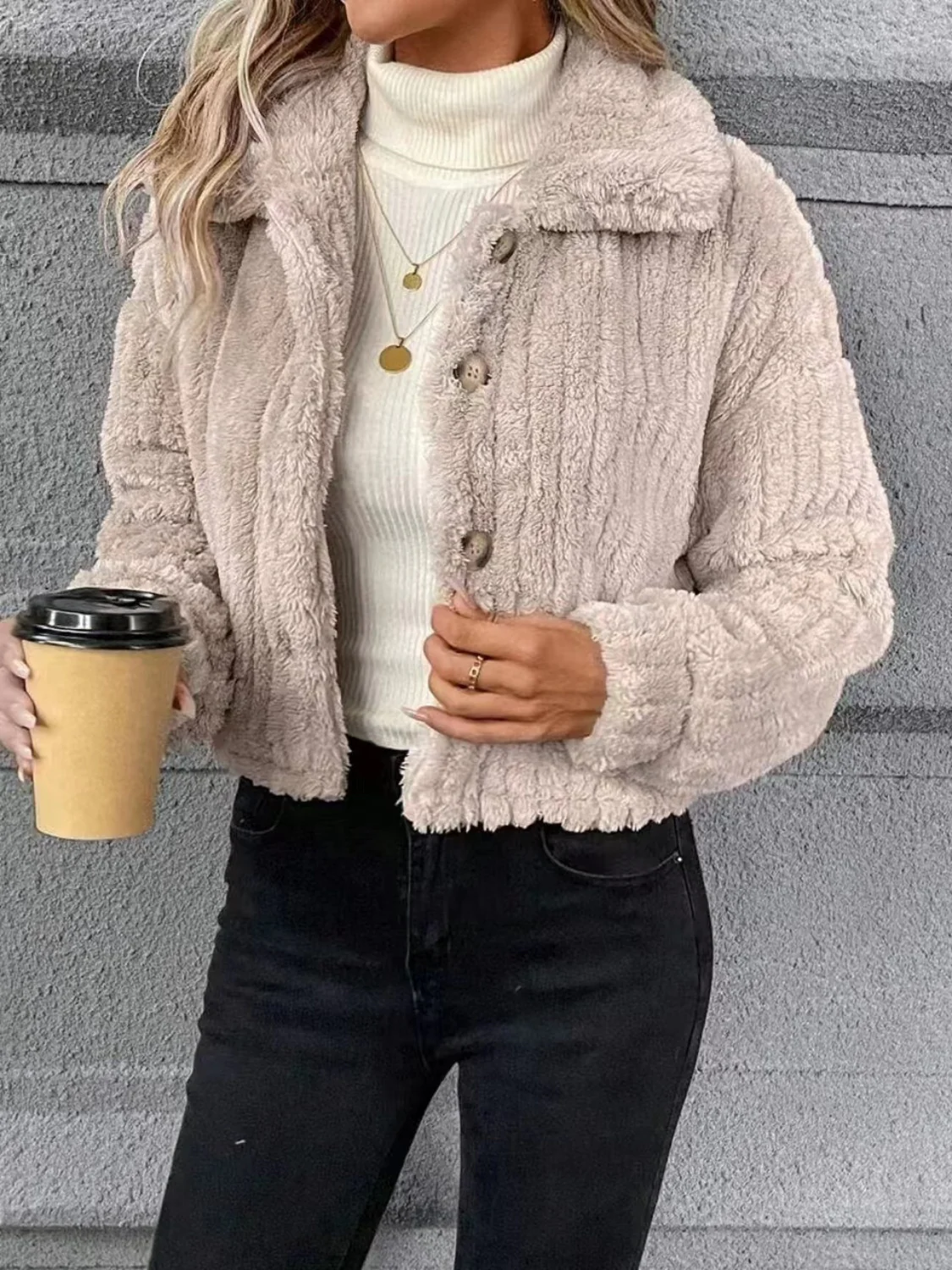 Button Up Long Sleeve Fuzzy Outerwear - Image 3