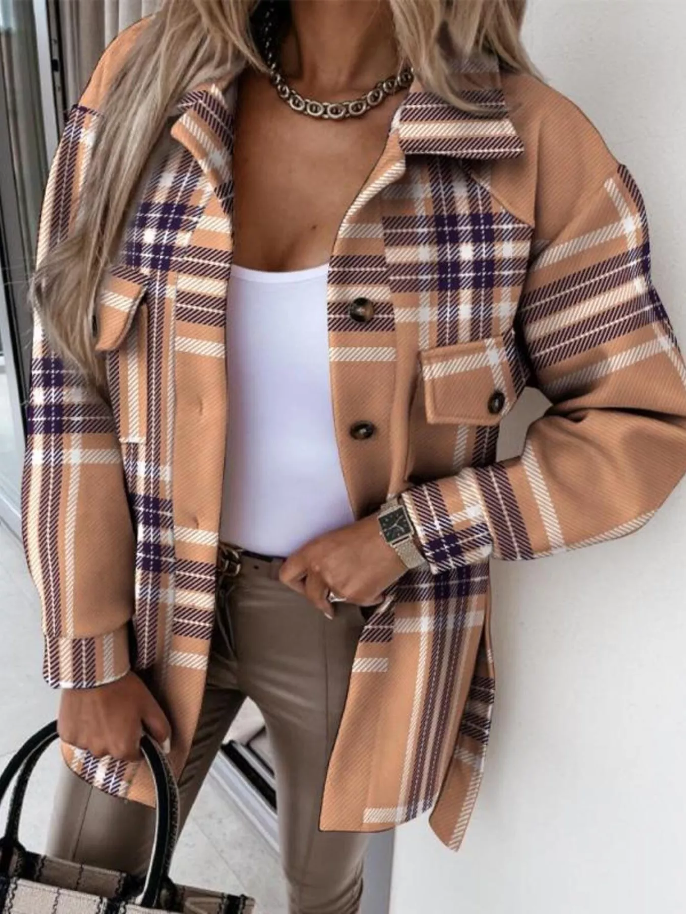 Button Up Long Sleeve Plaid Outerwear - Image 2