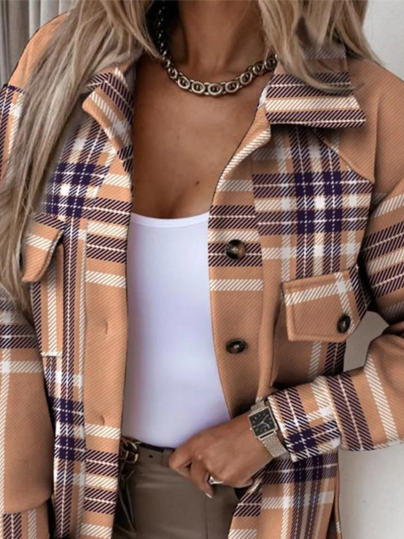 Button Up Long Sleeve Plaid Outerwear - Image 3