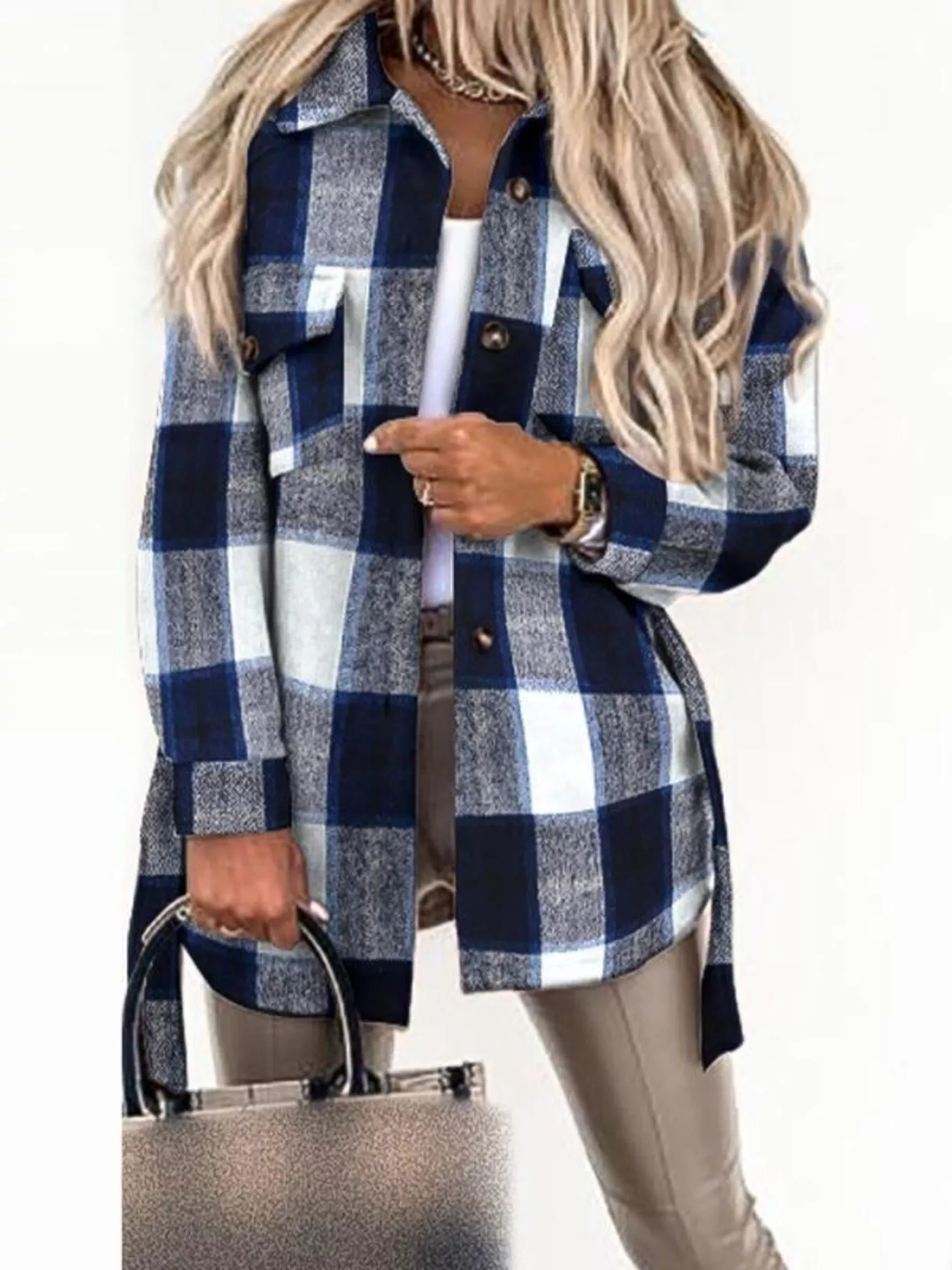Button Up Long Sleeve Plaid Outerwear - Image 4
