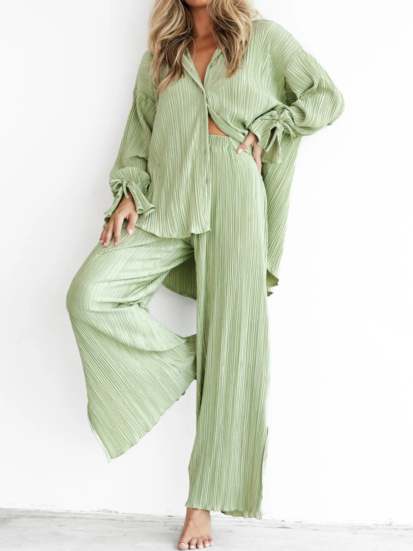 Button Up Long Sleeve Top and Pants Set - Image 11