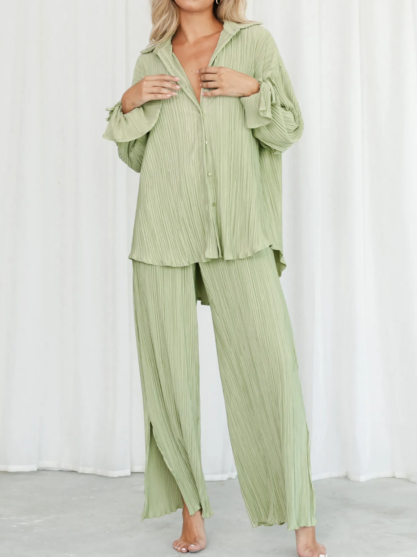 Button Up Long Sleeve Top and Pants Set - Image 13