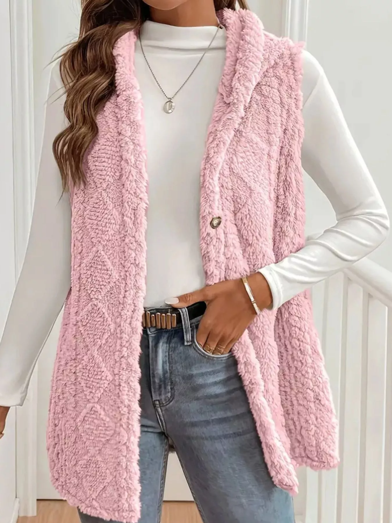 Button Up Plush Hooded Vest Coat - Image 10