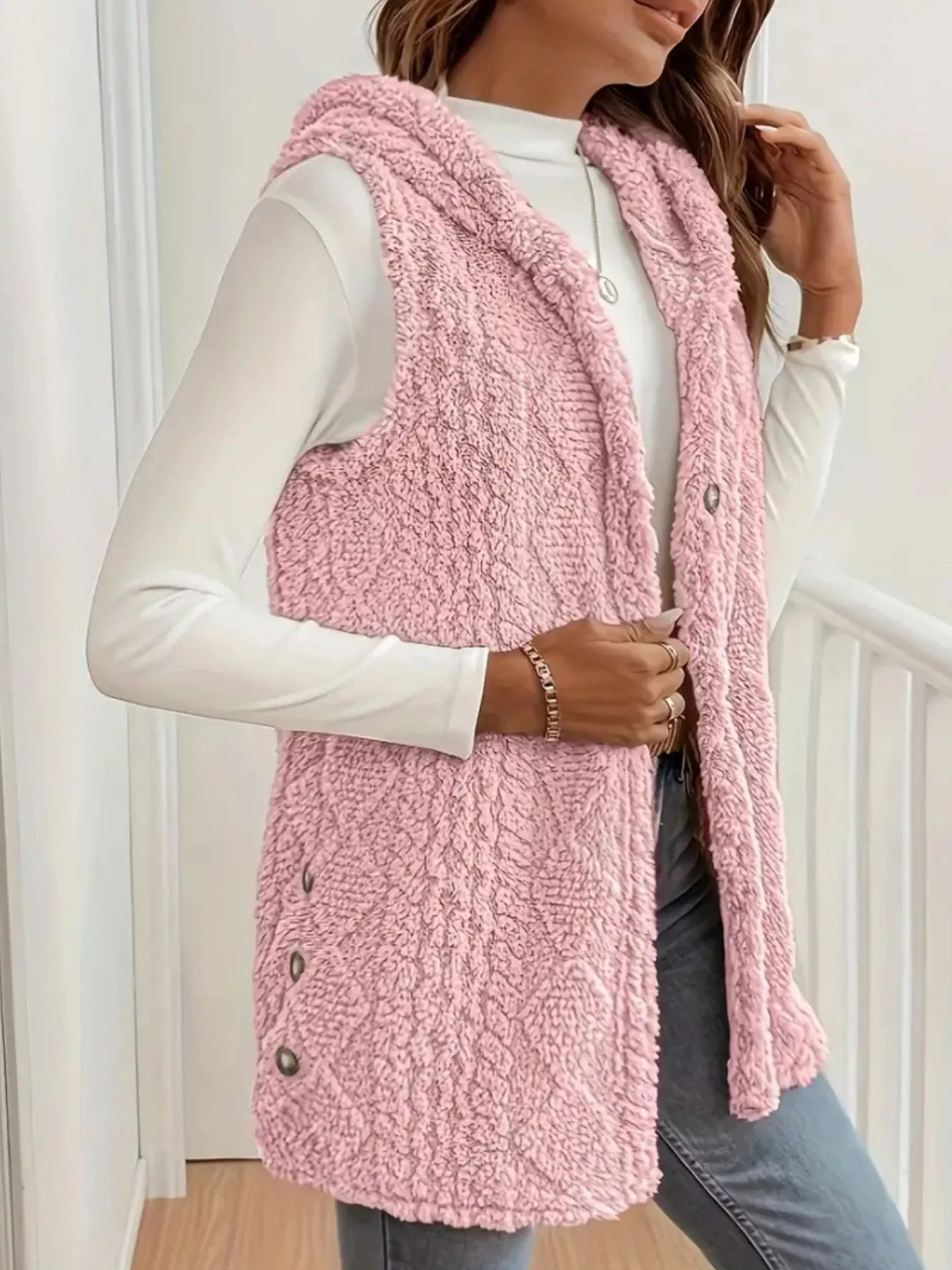 Button Up Plush Hooded Vest Coat - Image 11