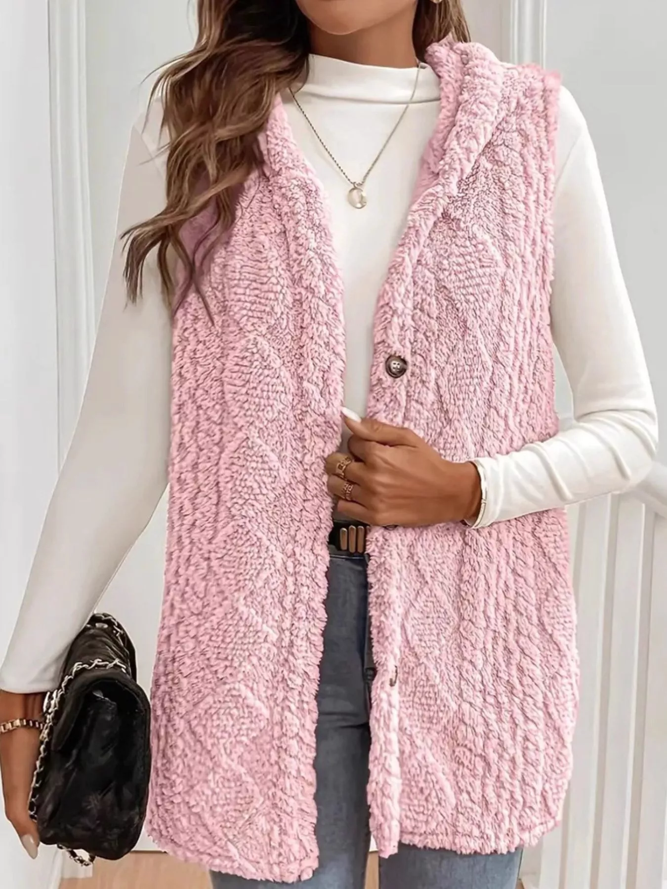 Button Up Plush Hooded Vest Coat - Image 12