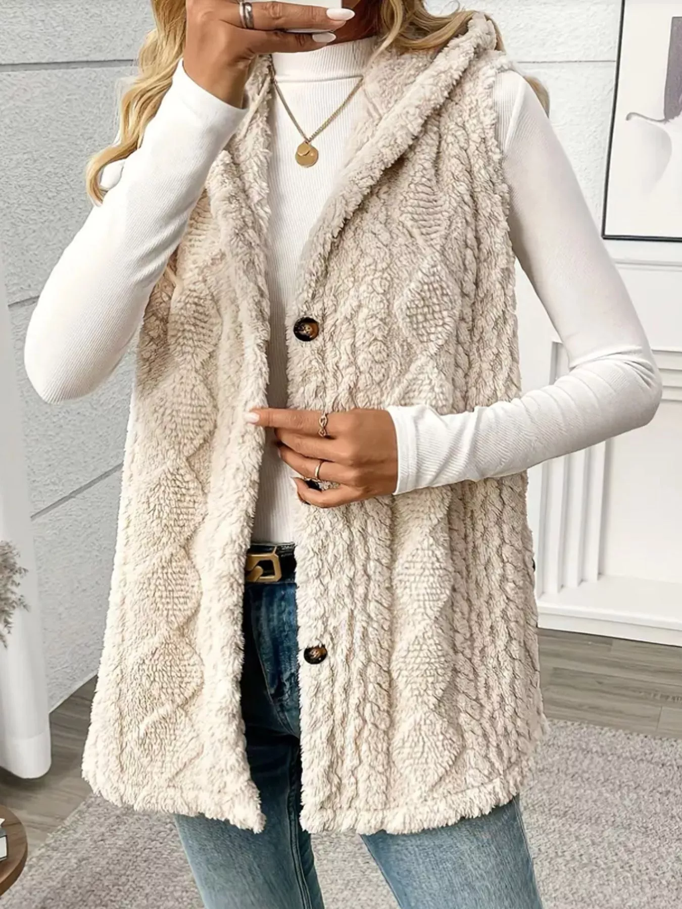 Button Up Plush Hooded Vest Coat - Image 2