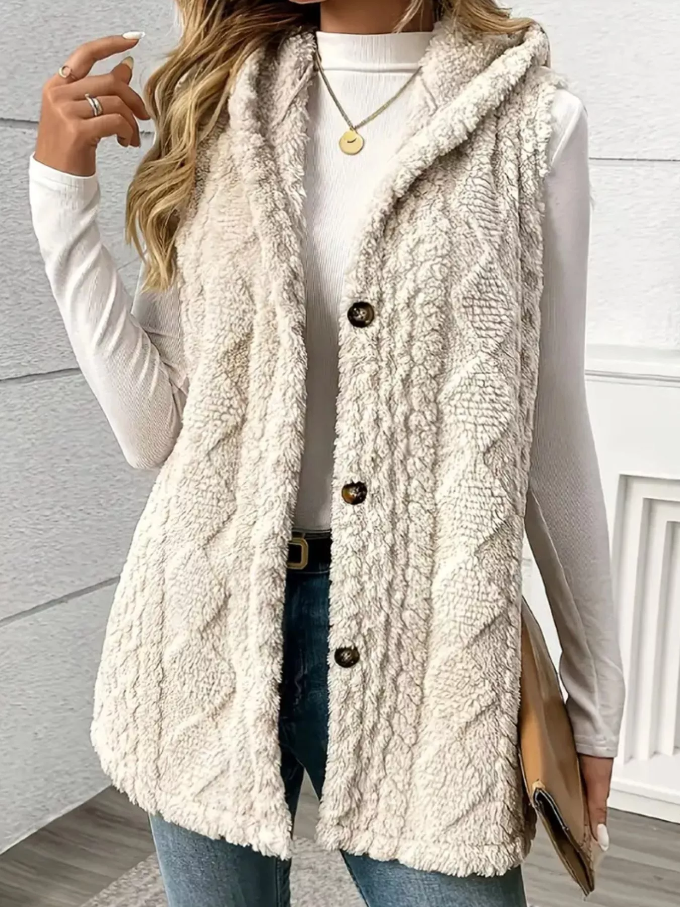 Button Up Plush Hooded Vest Coat - Image 3