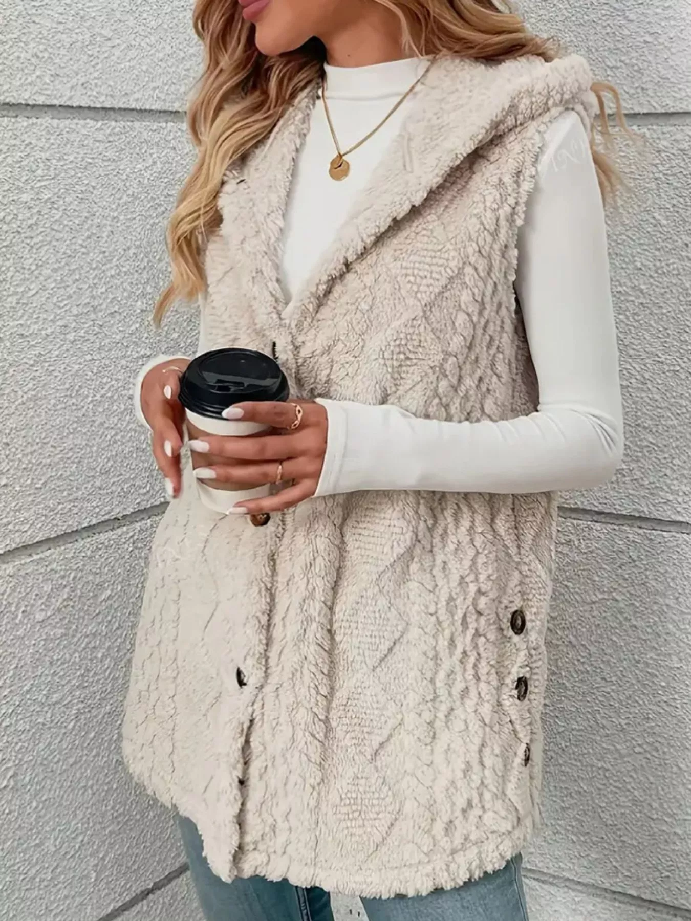 Button Up Plush Hooded Vest Coat - Image 4