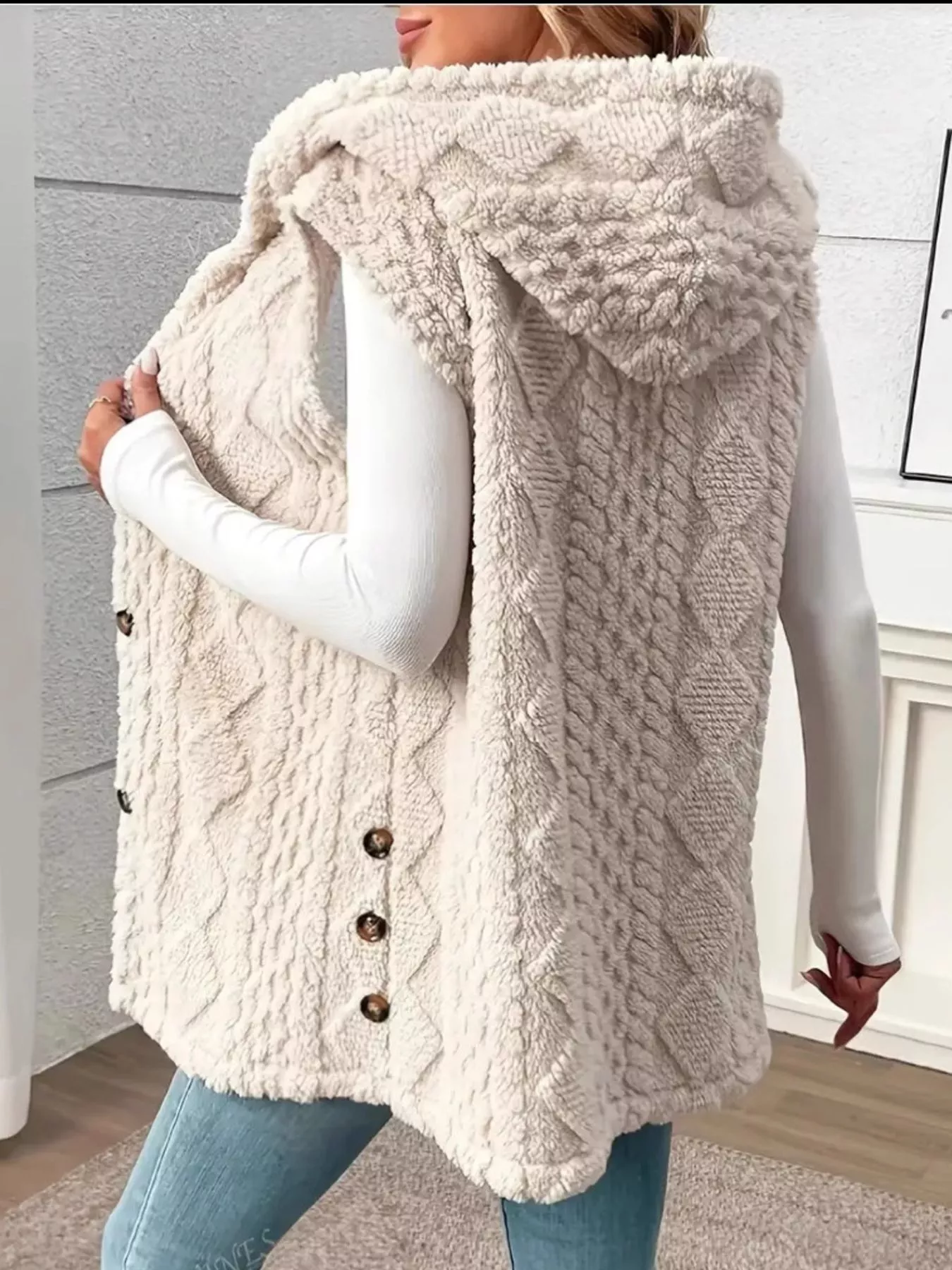 Button Up Plush Hooded Vest Coat - Image 5