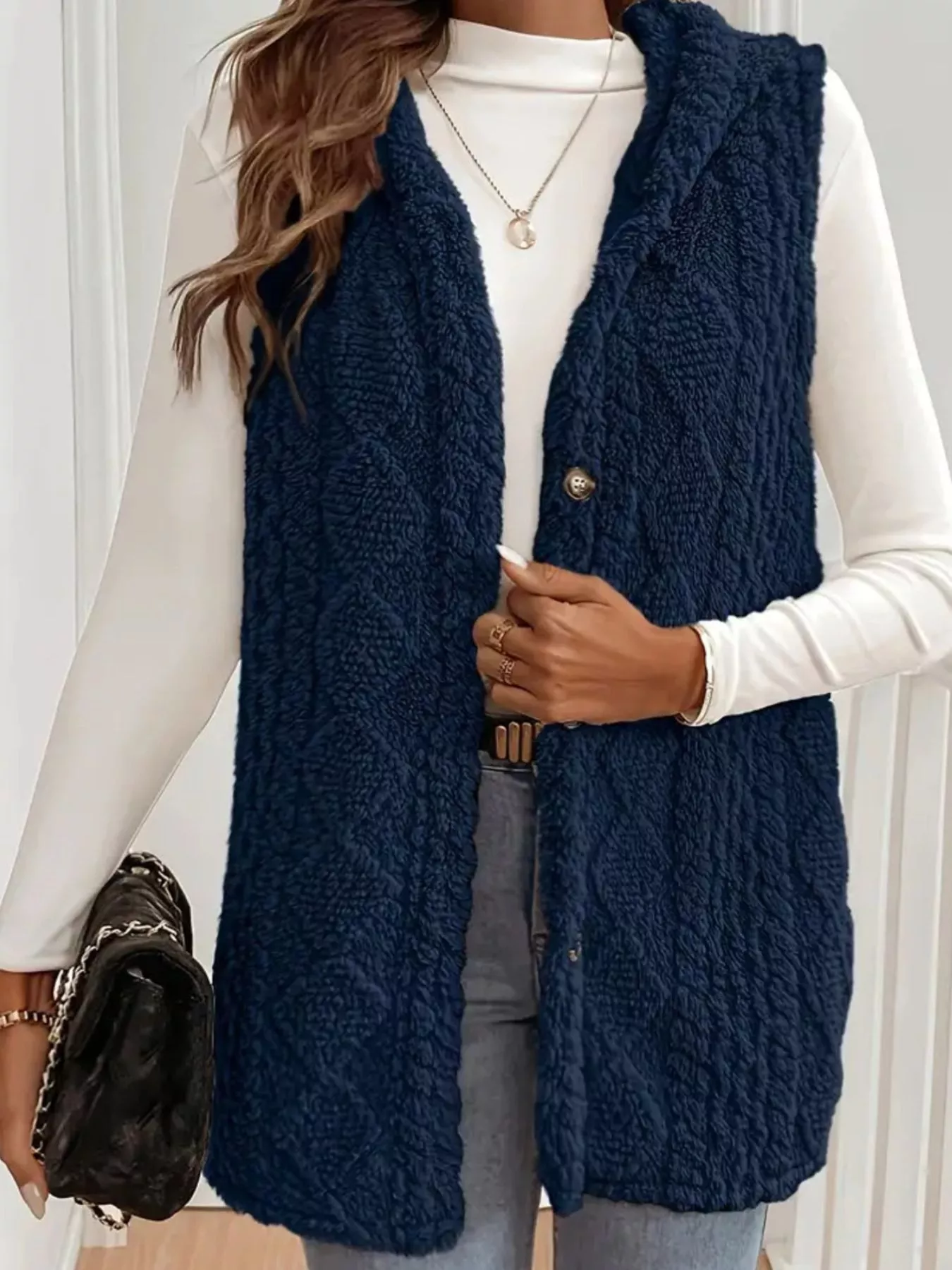 Button Up Plush Hooded Vest Coat - Image 6