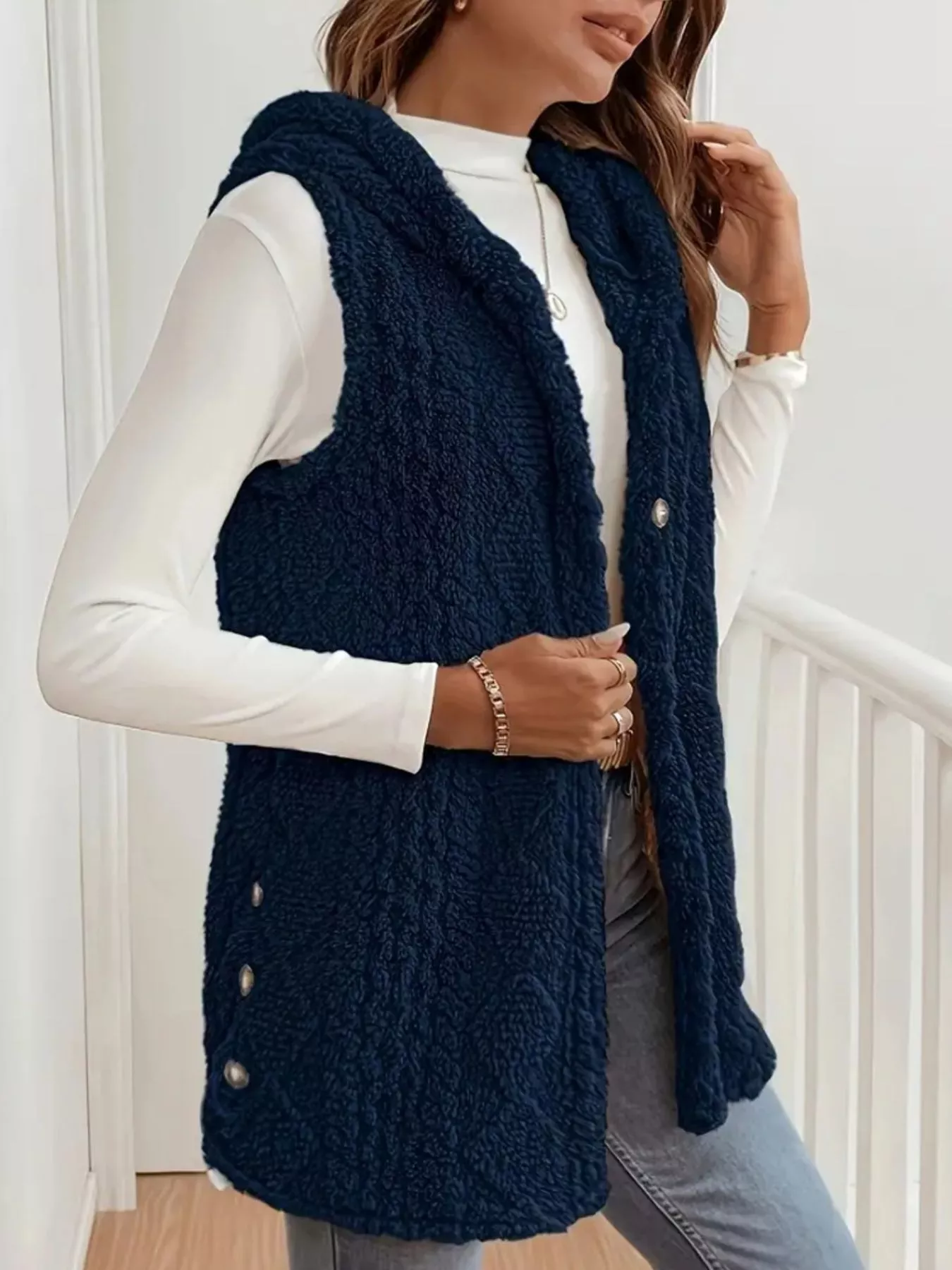 Button Up Plush Hooded Vest Coat - Image 8