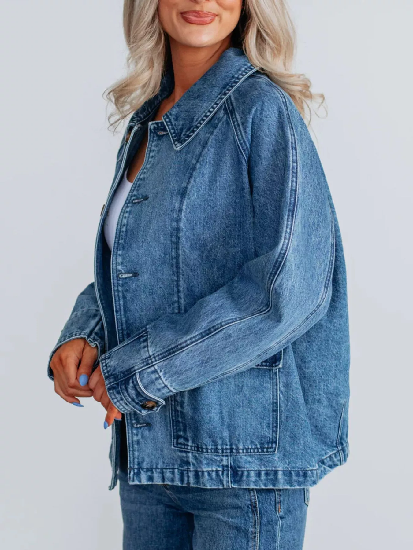 Button Up Raglan Sleeve Denim Jacket - Image 2