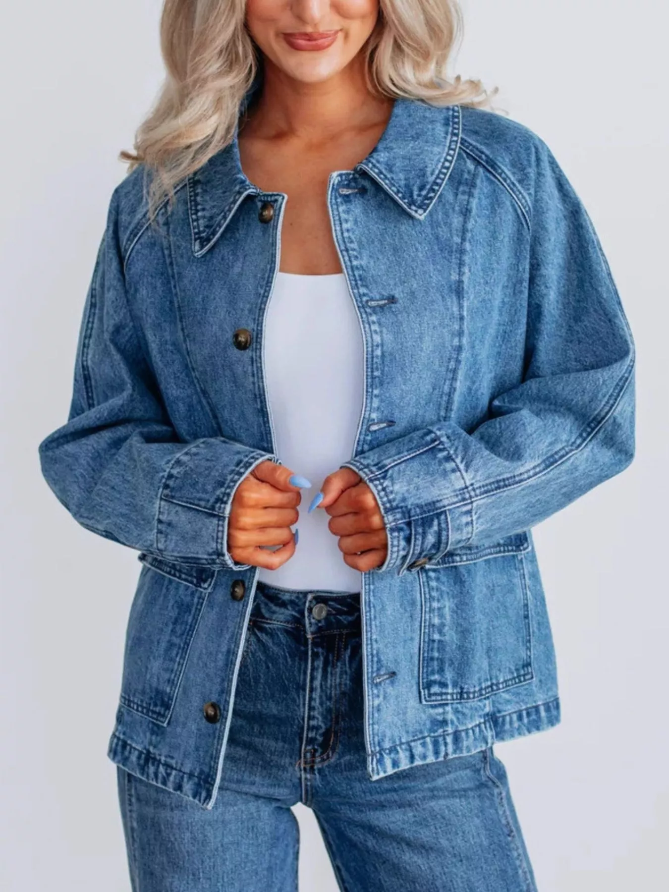 Button Up Raglan Sleeve Denim Jacket - Image 3