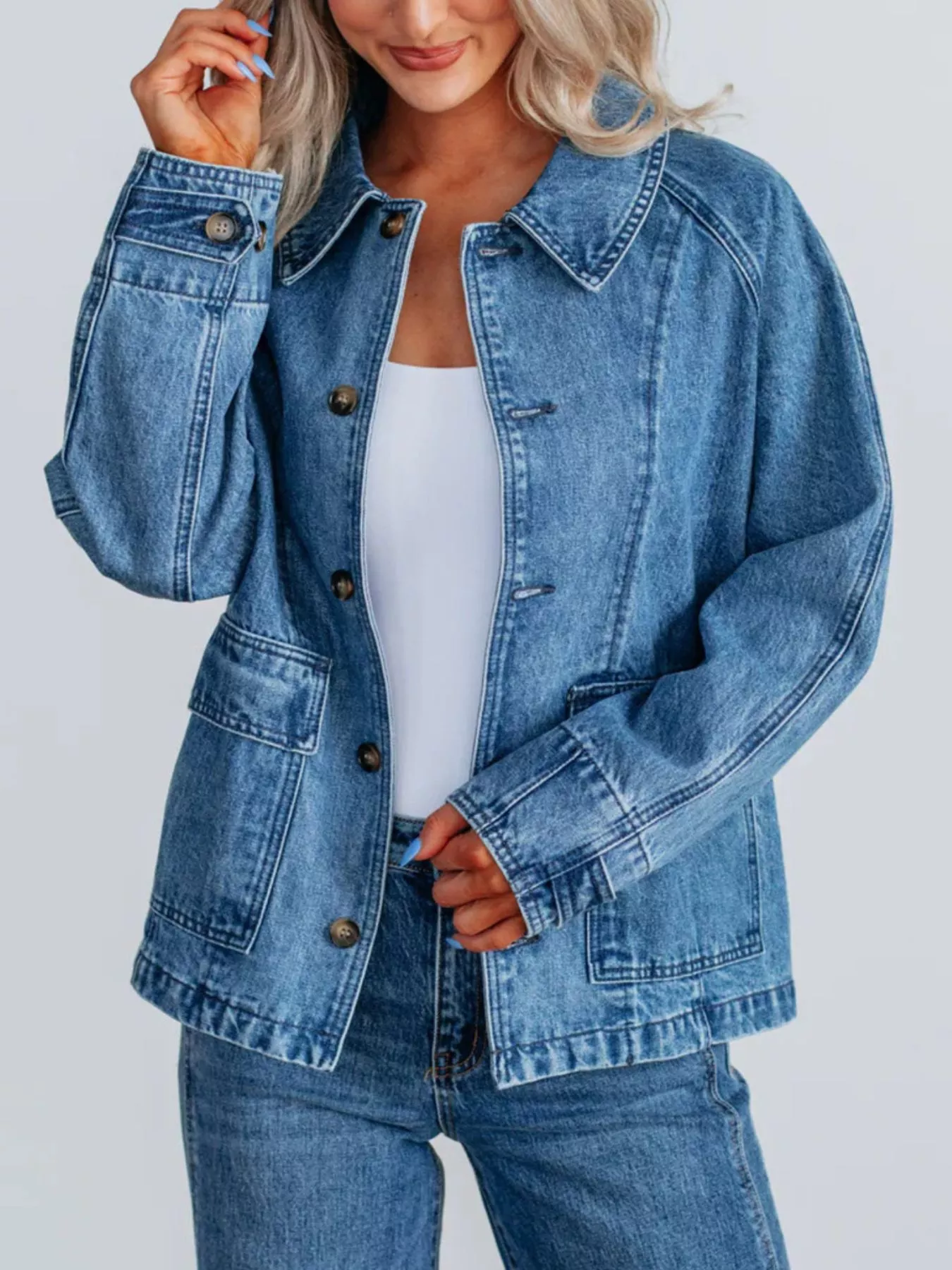 Button Up Raglan Sleeve Denim Jacket - Image 4