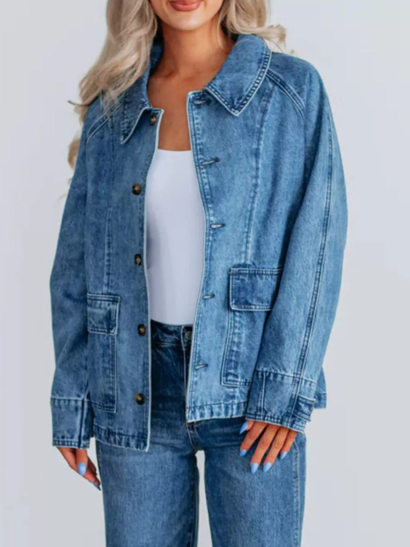 Button Up Raglan Sleeve Denim Jacket - Image 5