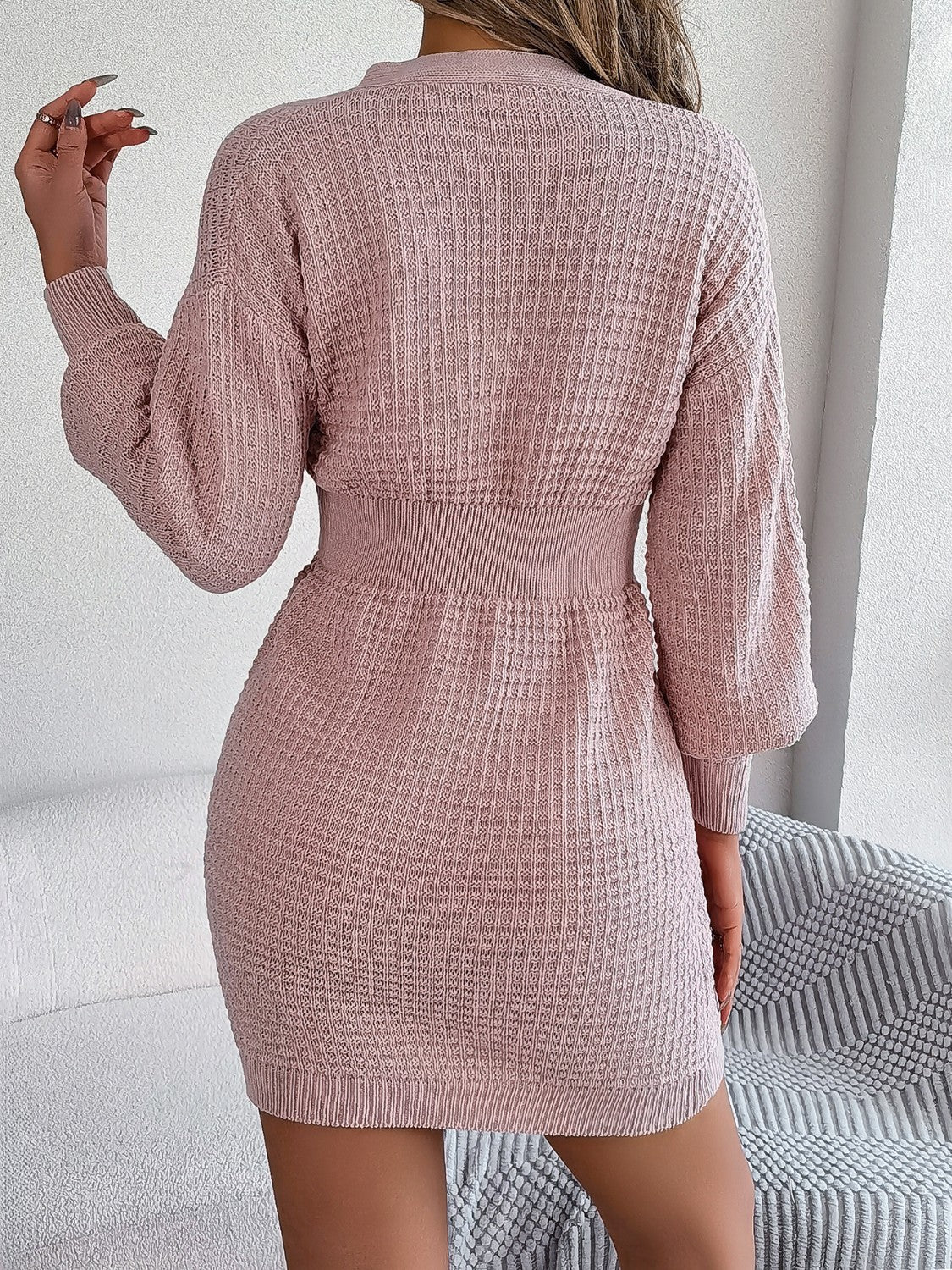Buttoned Cable-Knit V-Neck Sweater Dress - Image 12