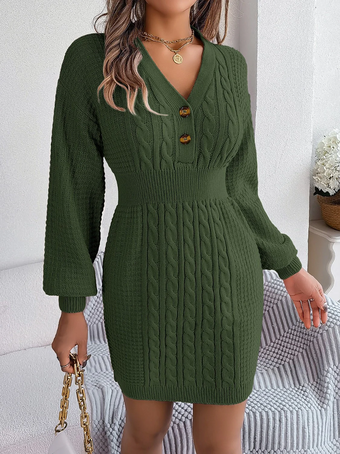 Buttoned Cable-Knit V-Neck Sweater Dress - Image 13