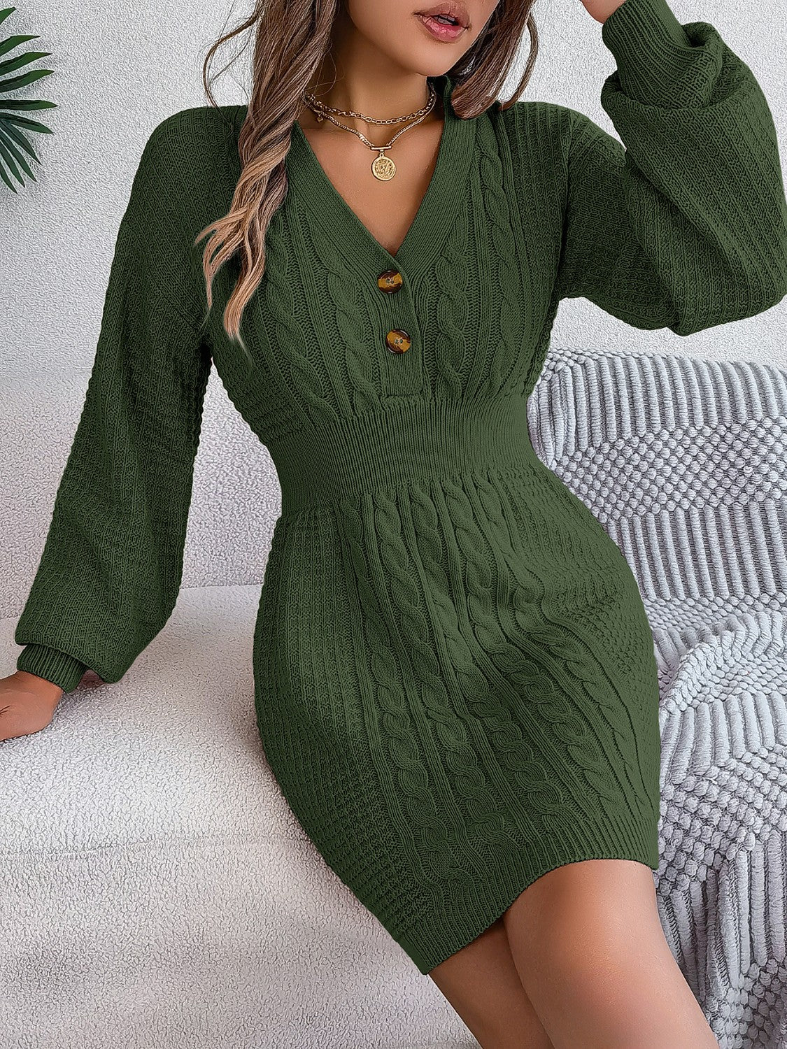 Buttoned Cable-Knit V-Neck Sweater Dress - Image 15