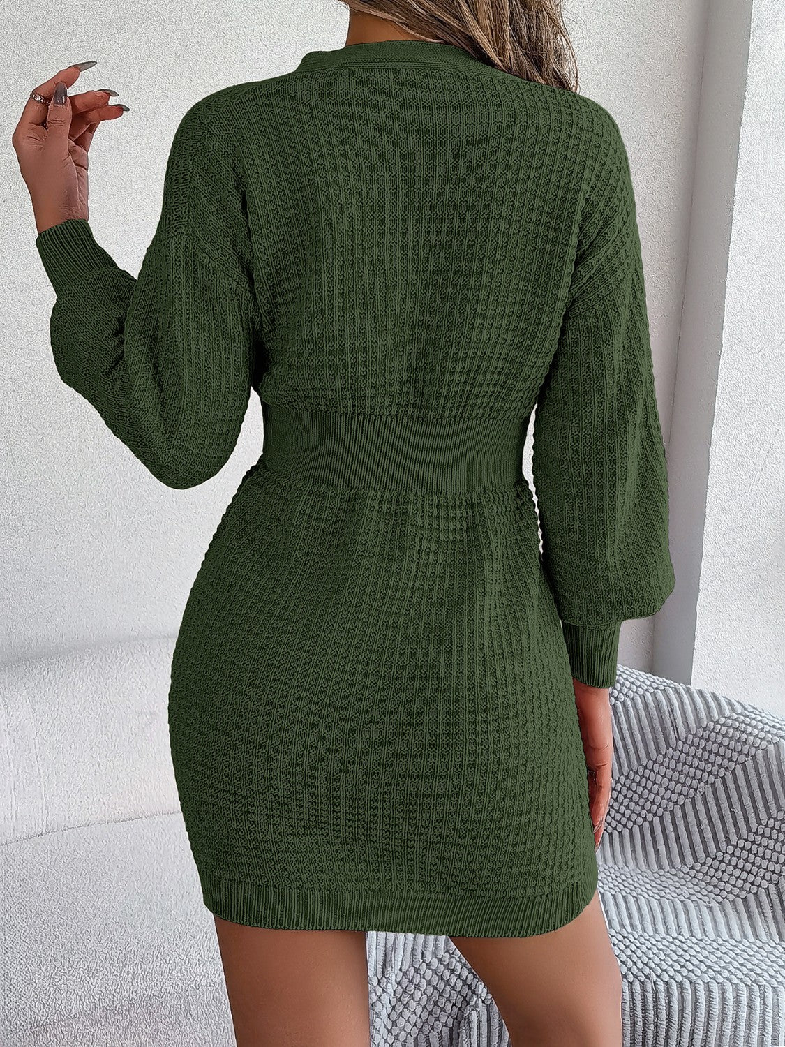 Buttoned Cable-Knit V-Neck Sweater Dress - Image 16