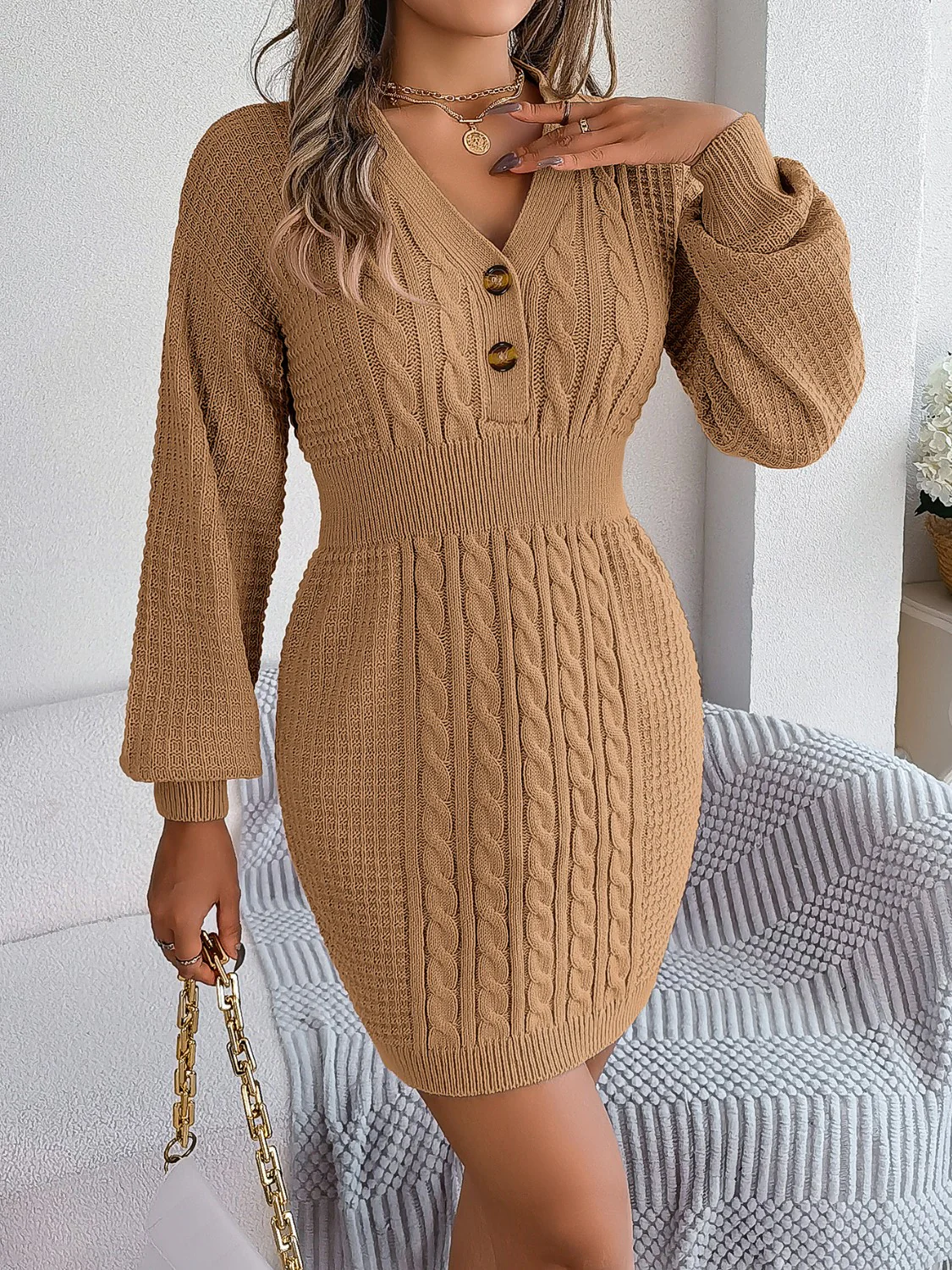 Buttoned Cable-Knit V-Neck Sweater Dress - Image 17