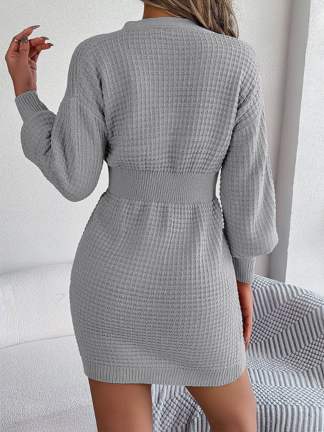 Buttoned Cable-Knit V-Neck Sweater Dress - Image 2