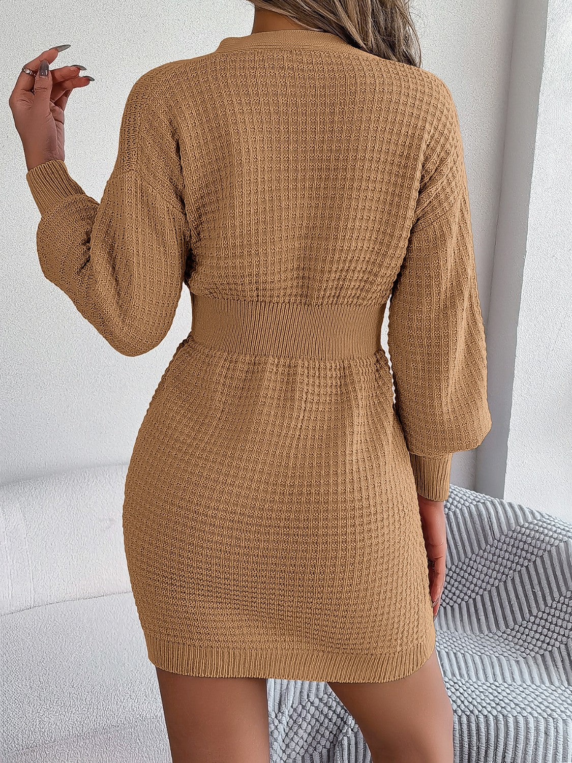 Buttoned Cable-Knit V-Neck Sweater Dress - Image 20