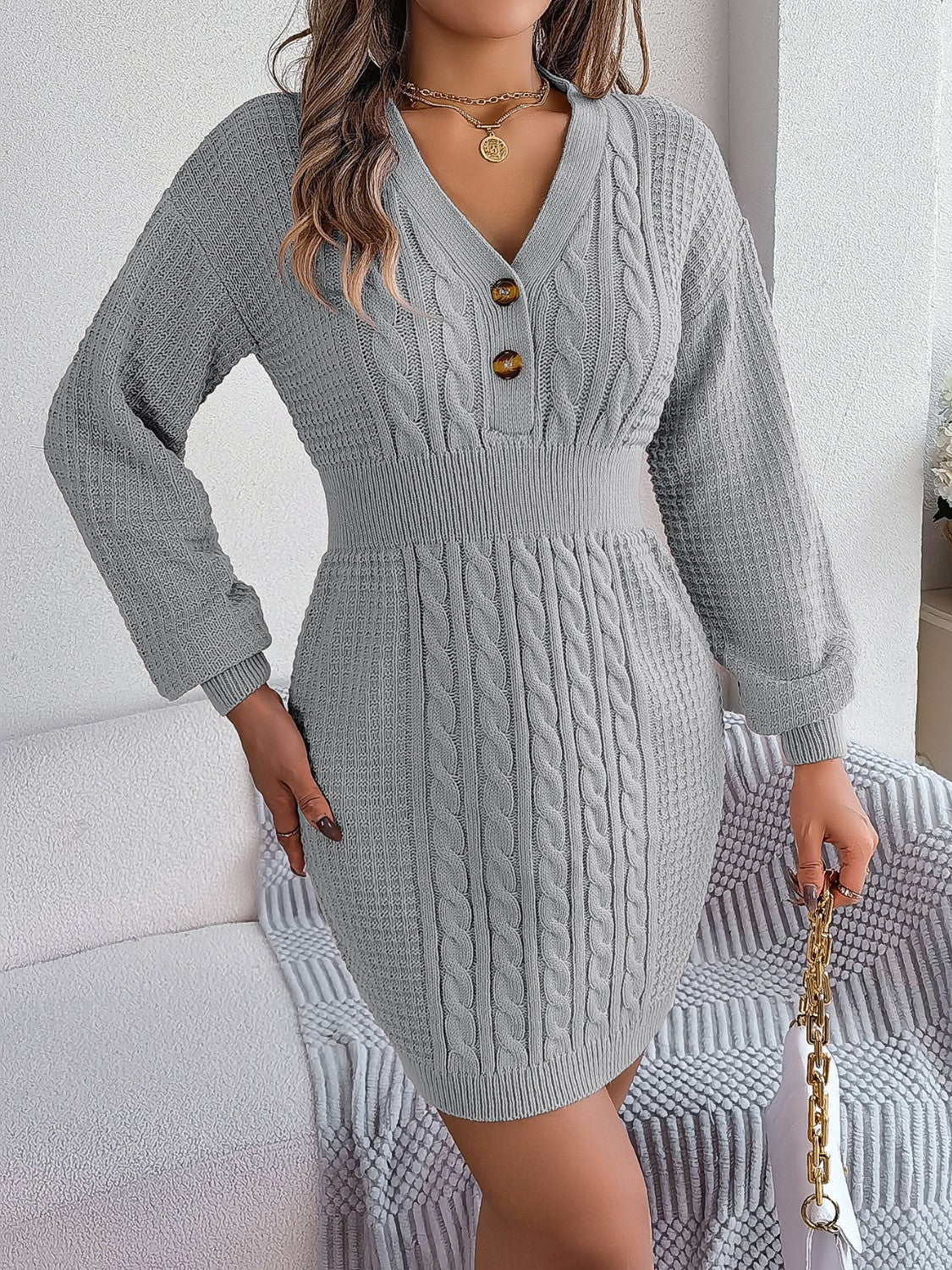 Buttoned Cable-Knit V-Neck Sweater Dress - Image 3