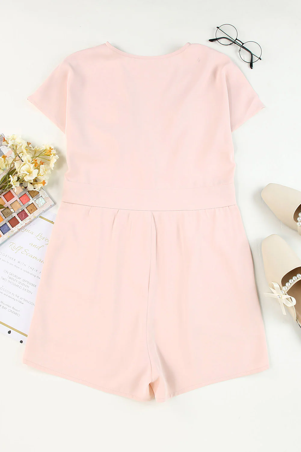 Buttoned V-Neck Short Sleeve Romper - Image 2
