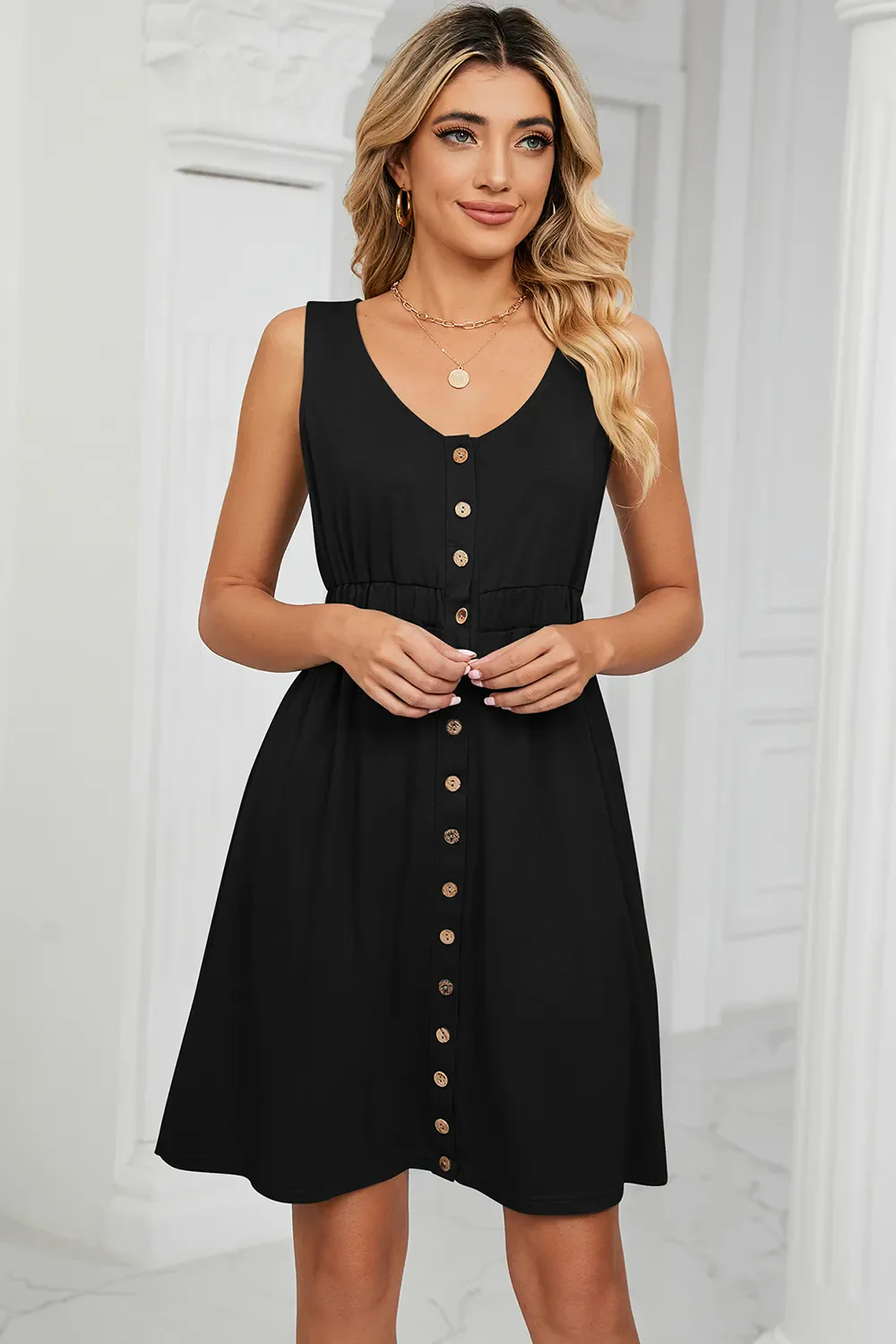 Buttoned Wide Strap Mini Dress - Image 13