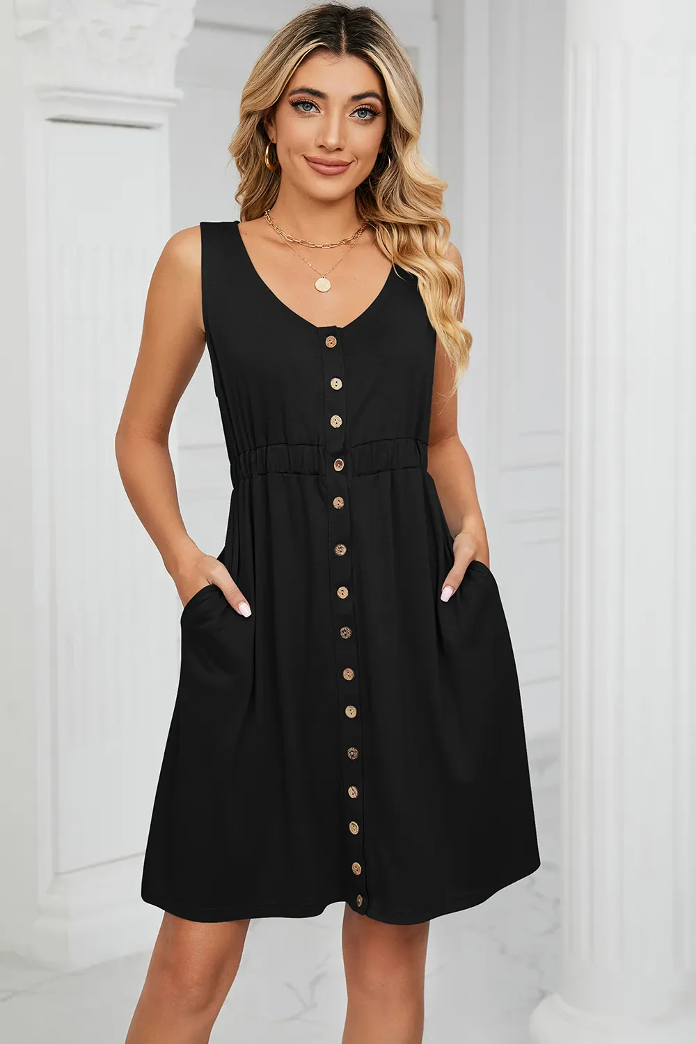Buttoned Wide Strap Mini Dress - Image 14