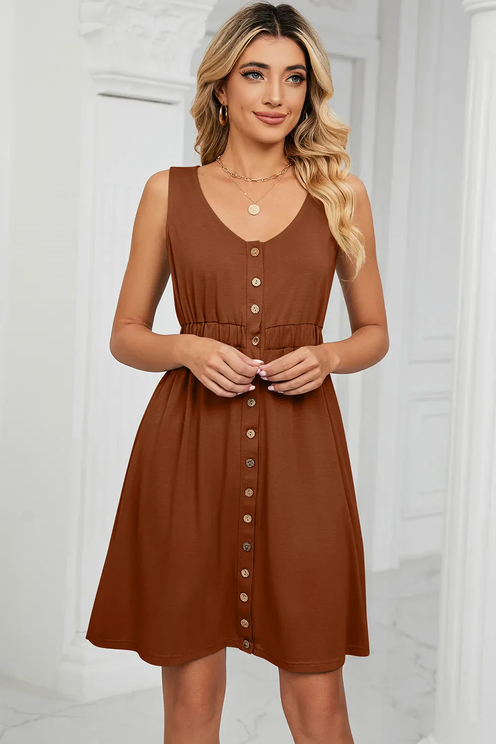 Buttoned Wide Strap Mini Dress - Image 17