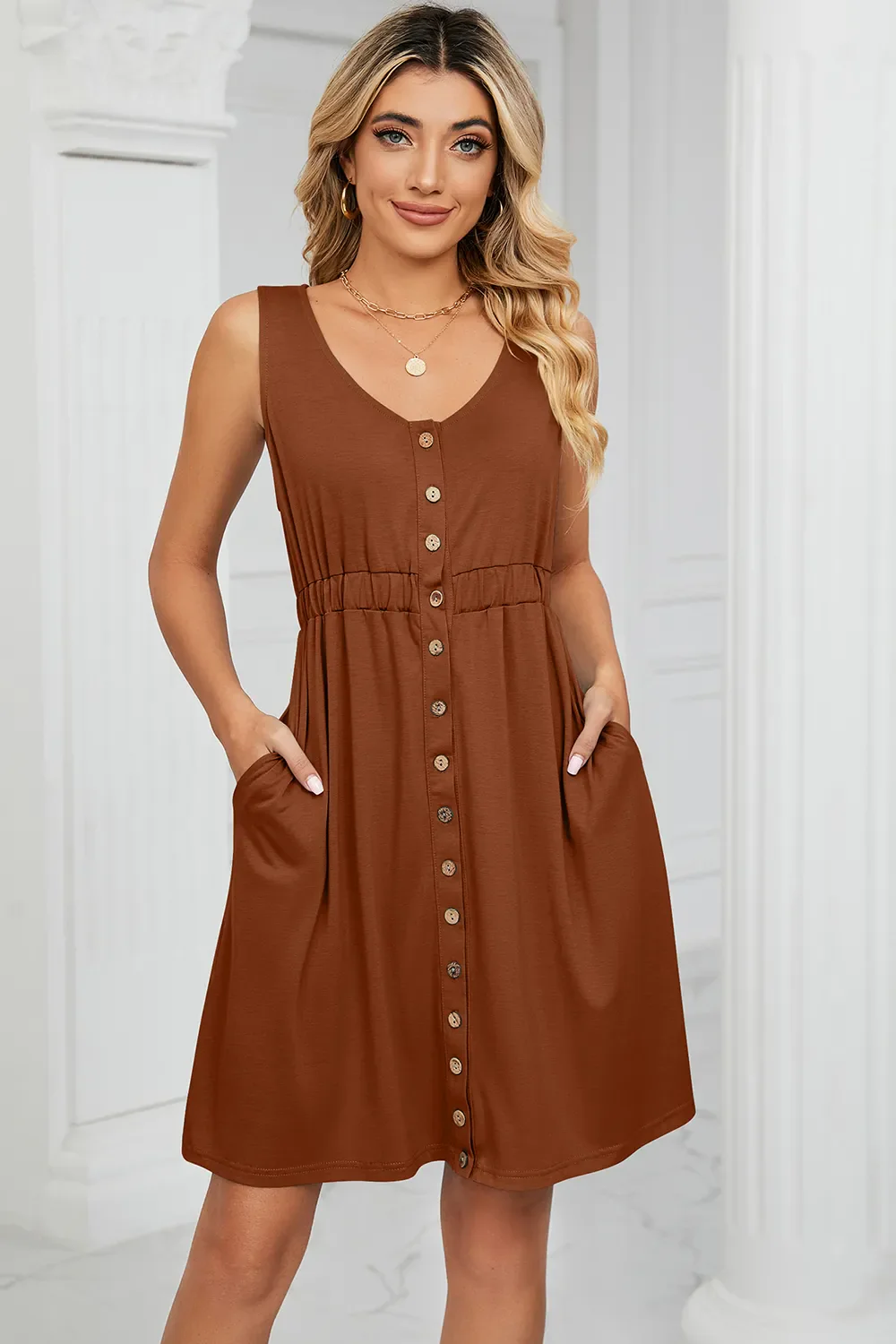Buttoned Wide Strap Mini Dress - Image 18