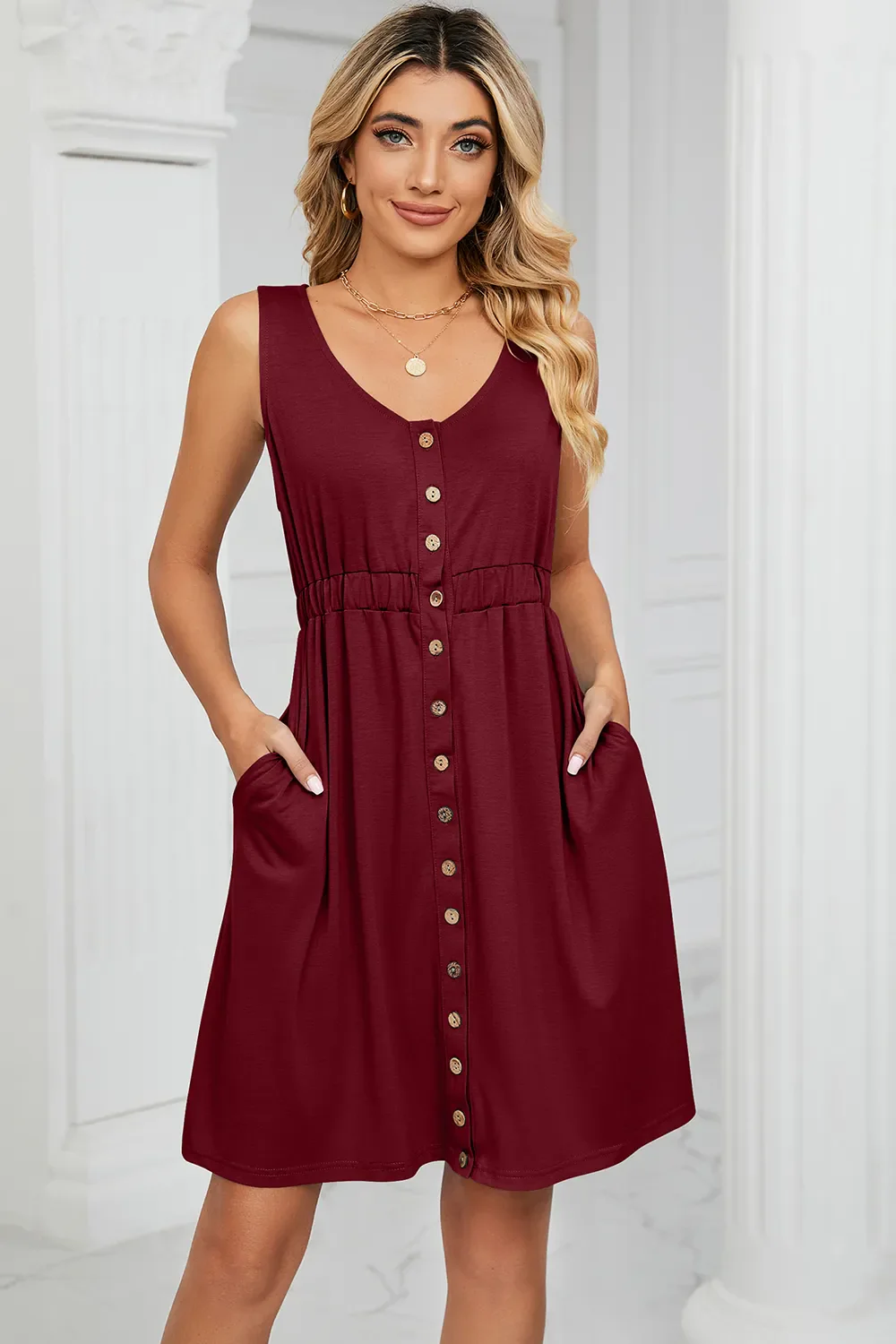 Buttoned Wide Strap Mini Dress - Image 2