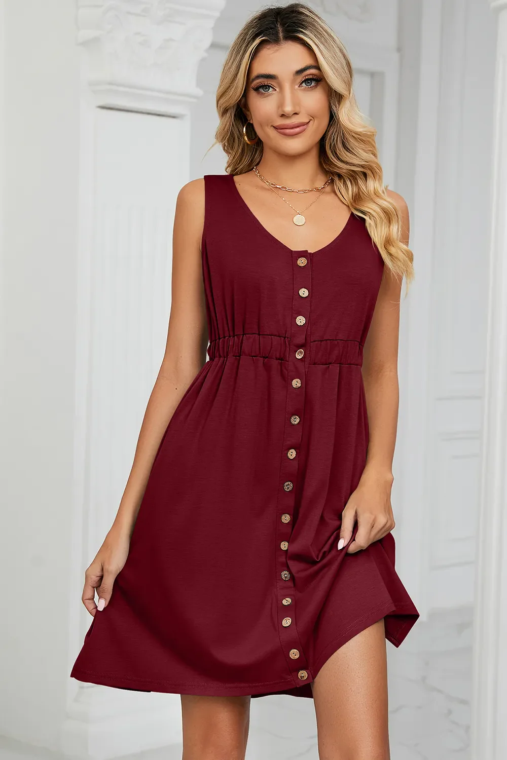 Buttoned Wide Strap Mini Dress - Image 3