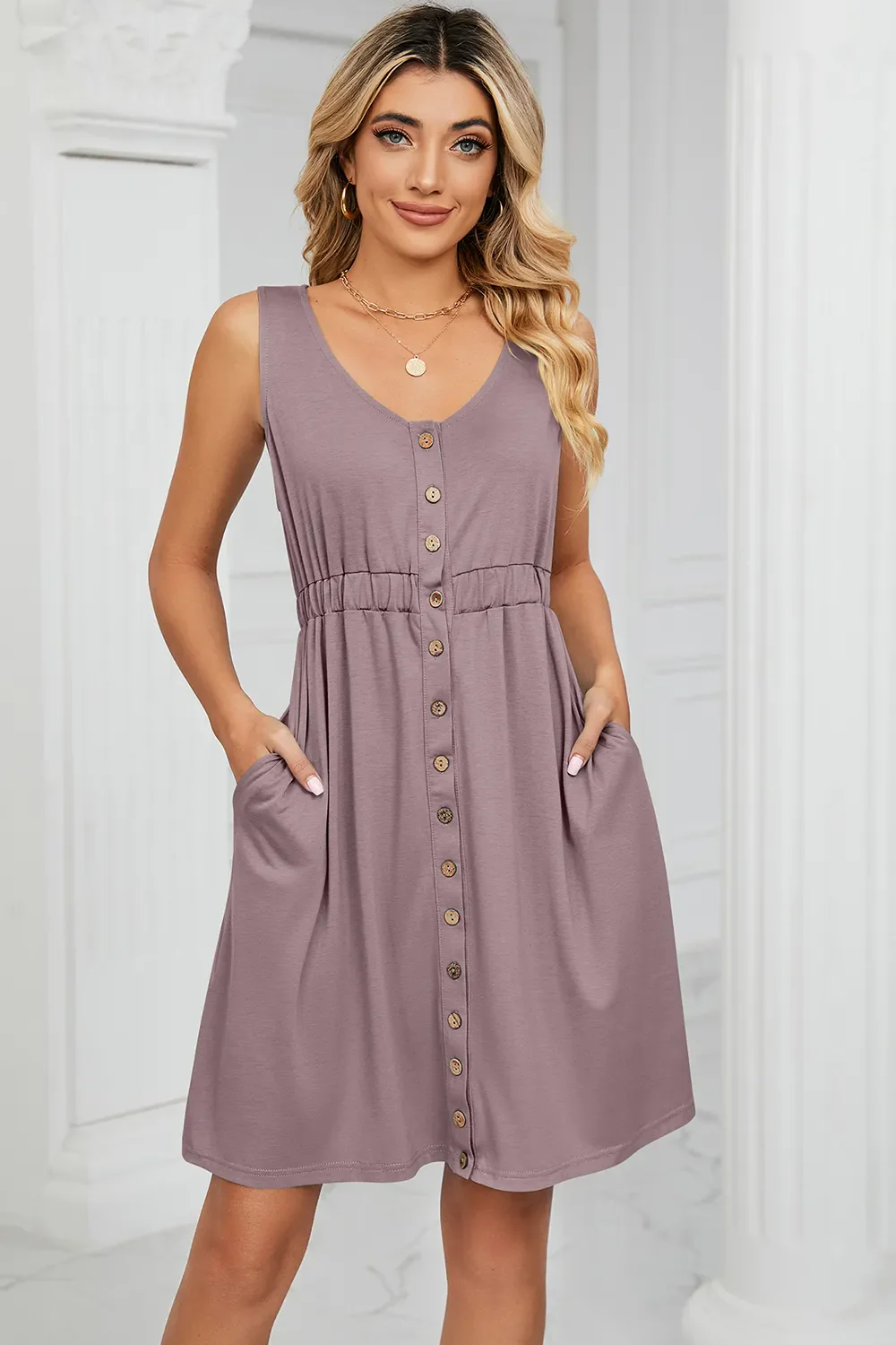 Buttoned Wide Strap Mini Dress - Image 6