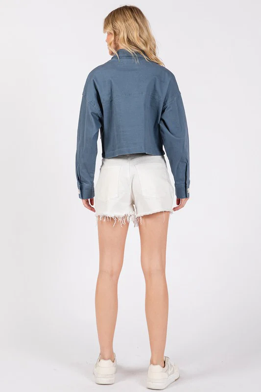 bytos Button Down Cropped Denim Jacket with Patch Pockets - Image 2