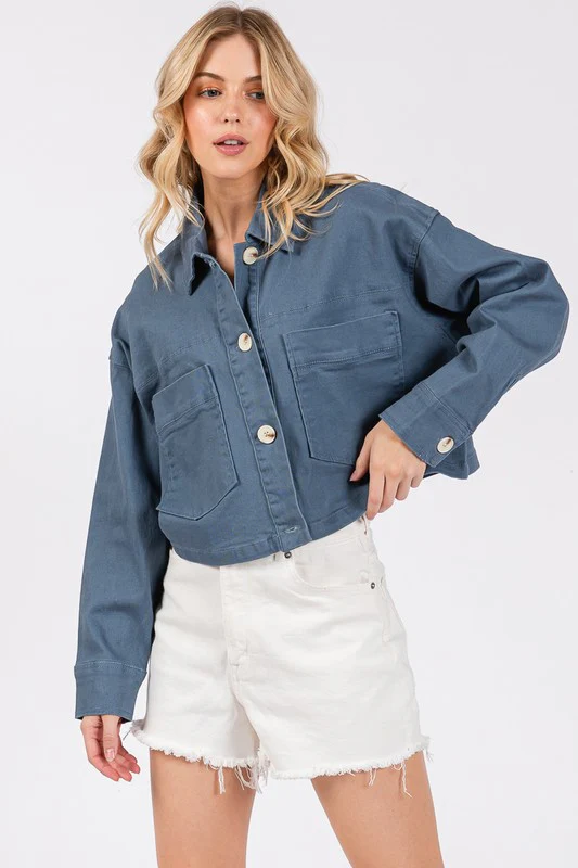bytos Button Down Cropped Denim Jacket with Patch Pockets - Image 4