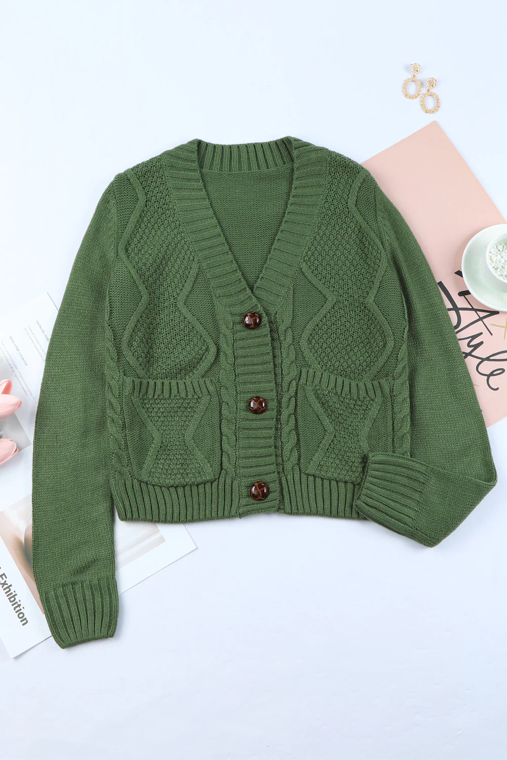 Cable-Knit Button Down V-Neck Cardigan - Image 10