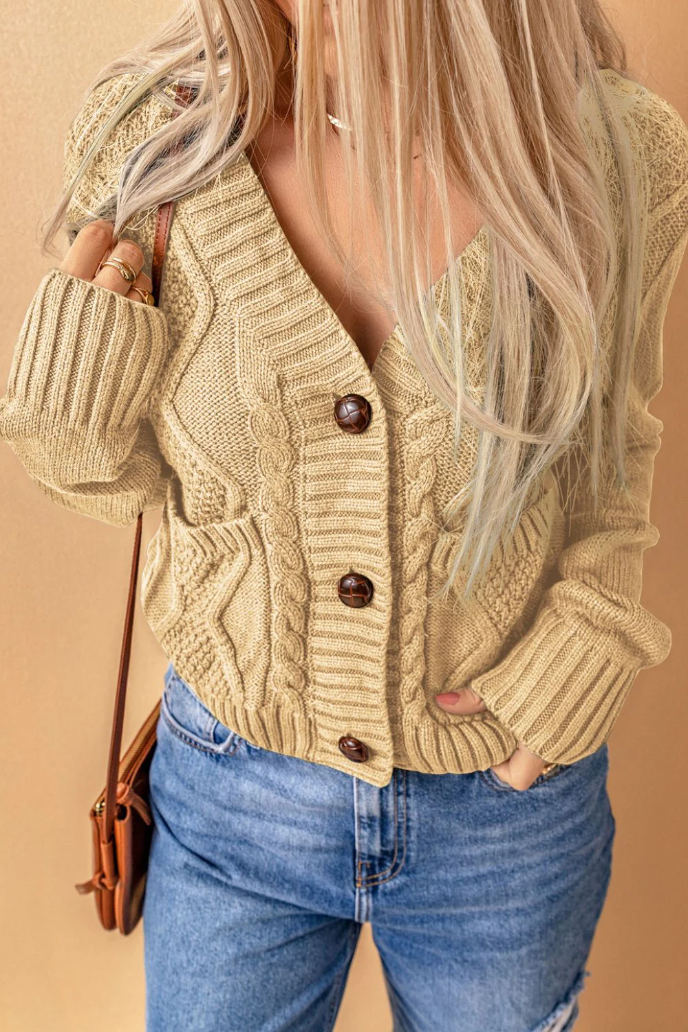 Cable-Knit Button Down V-Neck Cardigan - Image 15