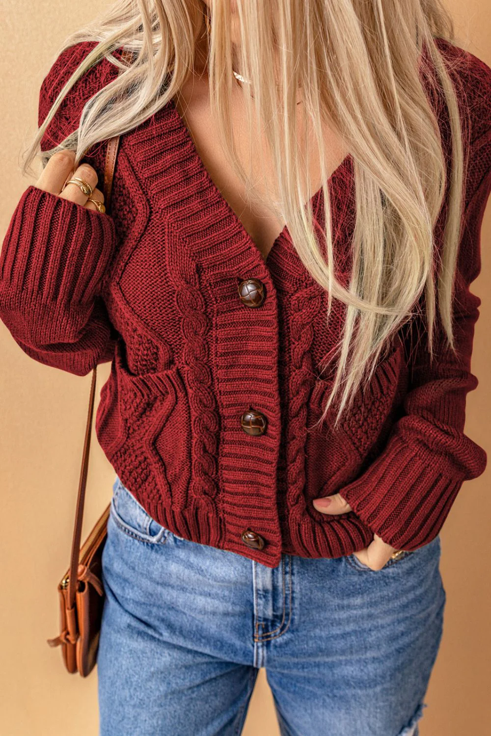 Cable-Knit Button Down V-Neck Cardigan - Image 2