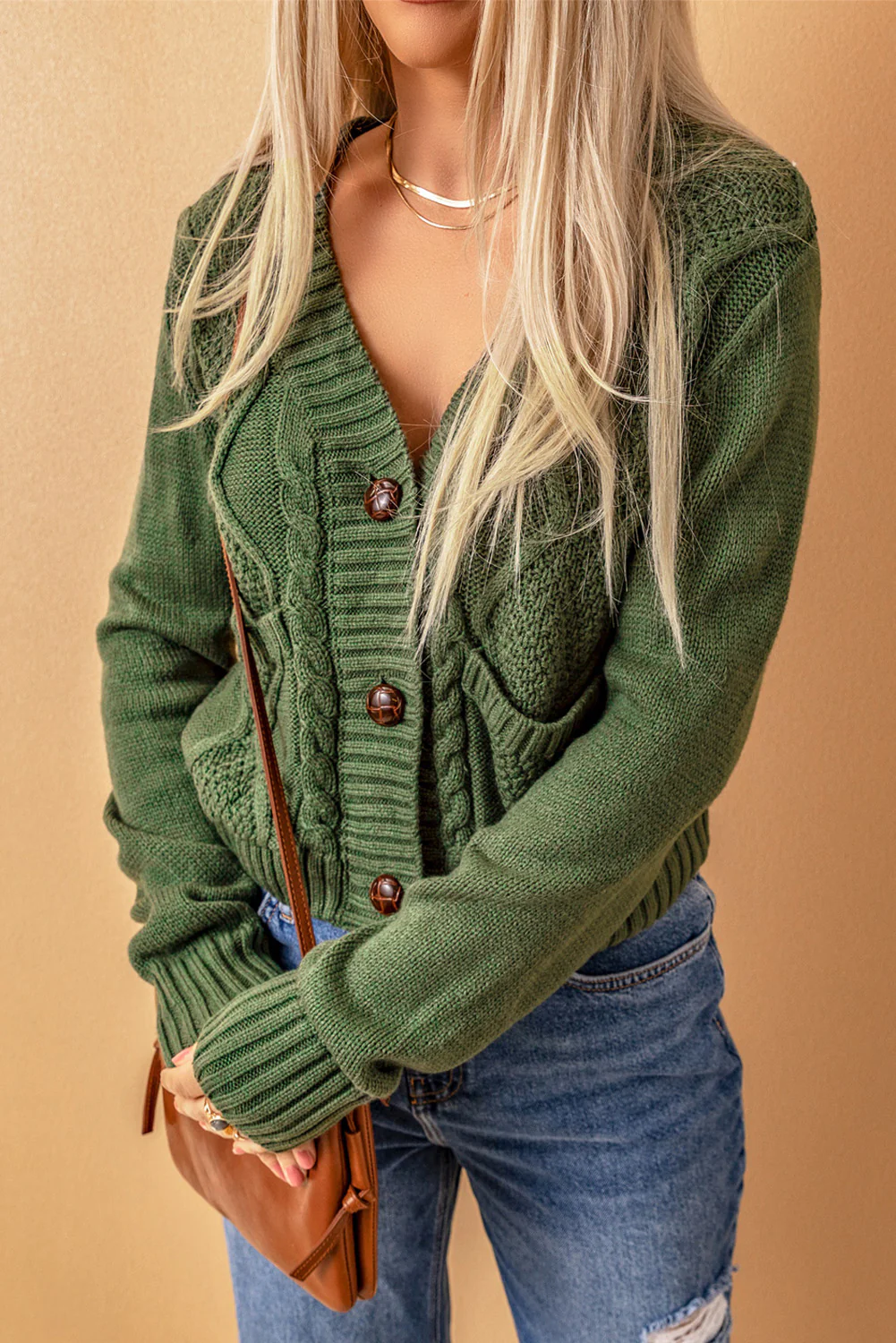 Cable-Knit Button Down V-Neck Cardigan - Image 6