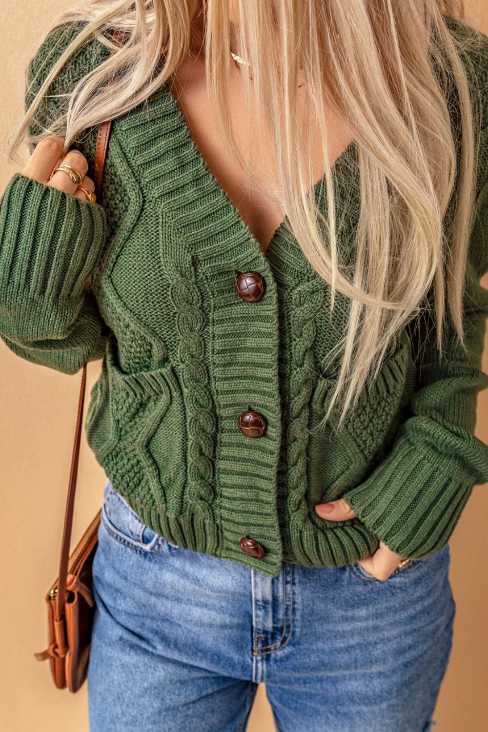 Cable-Knit Button Down V-Neck Cardigan - Image 7