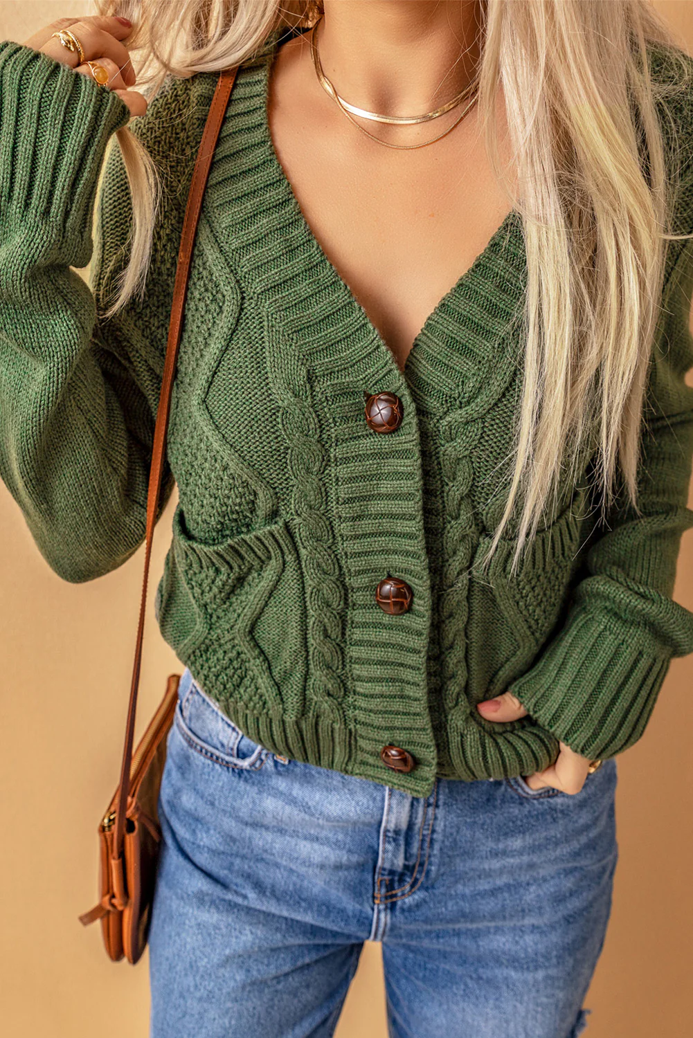 Cable-Knit Button Down V-Neck Cardigan - Image 8