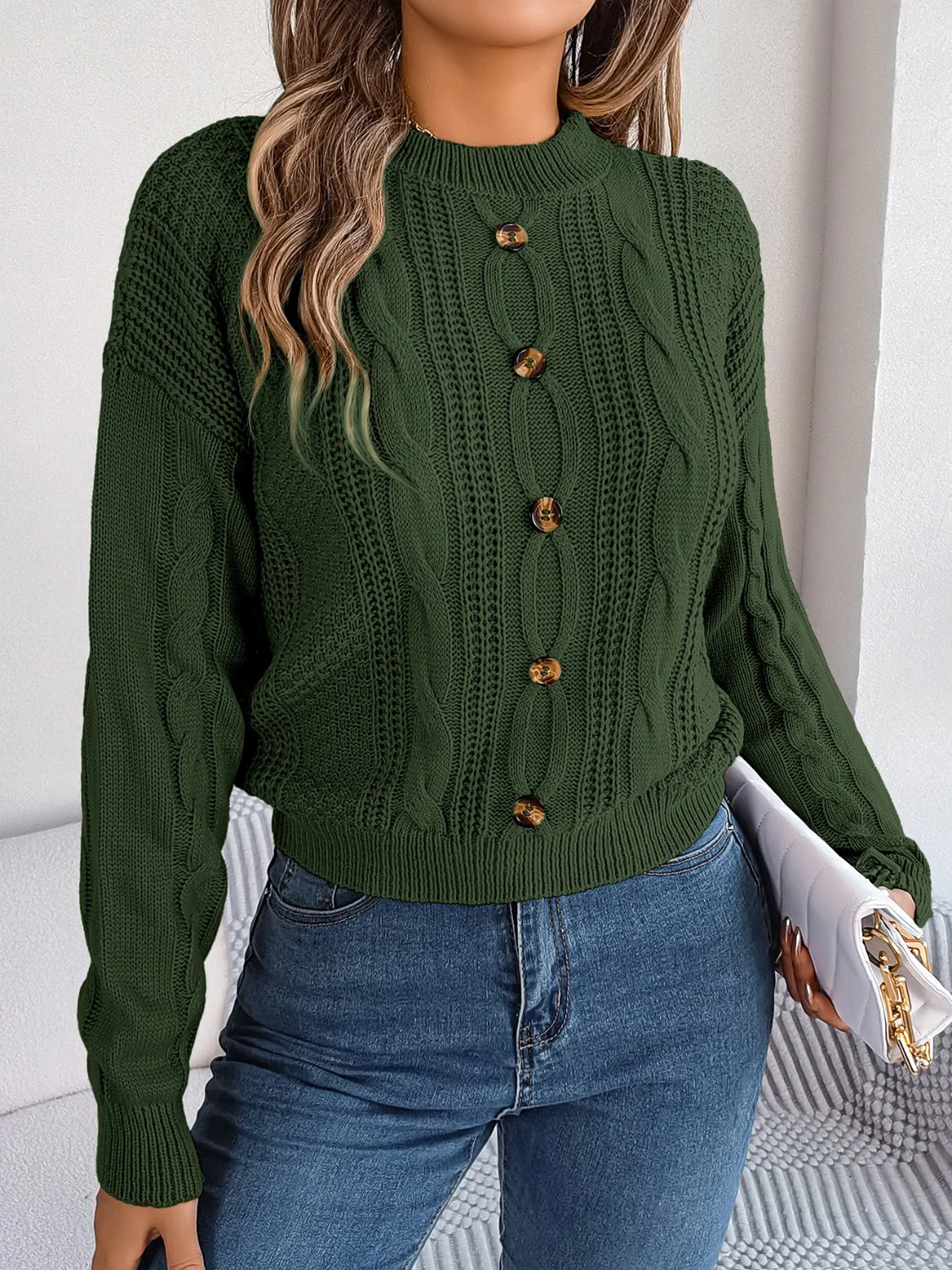 Cable-Knit Buttoned Round Neck Sweater - Image 10