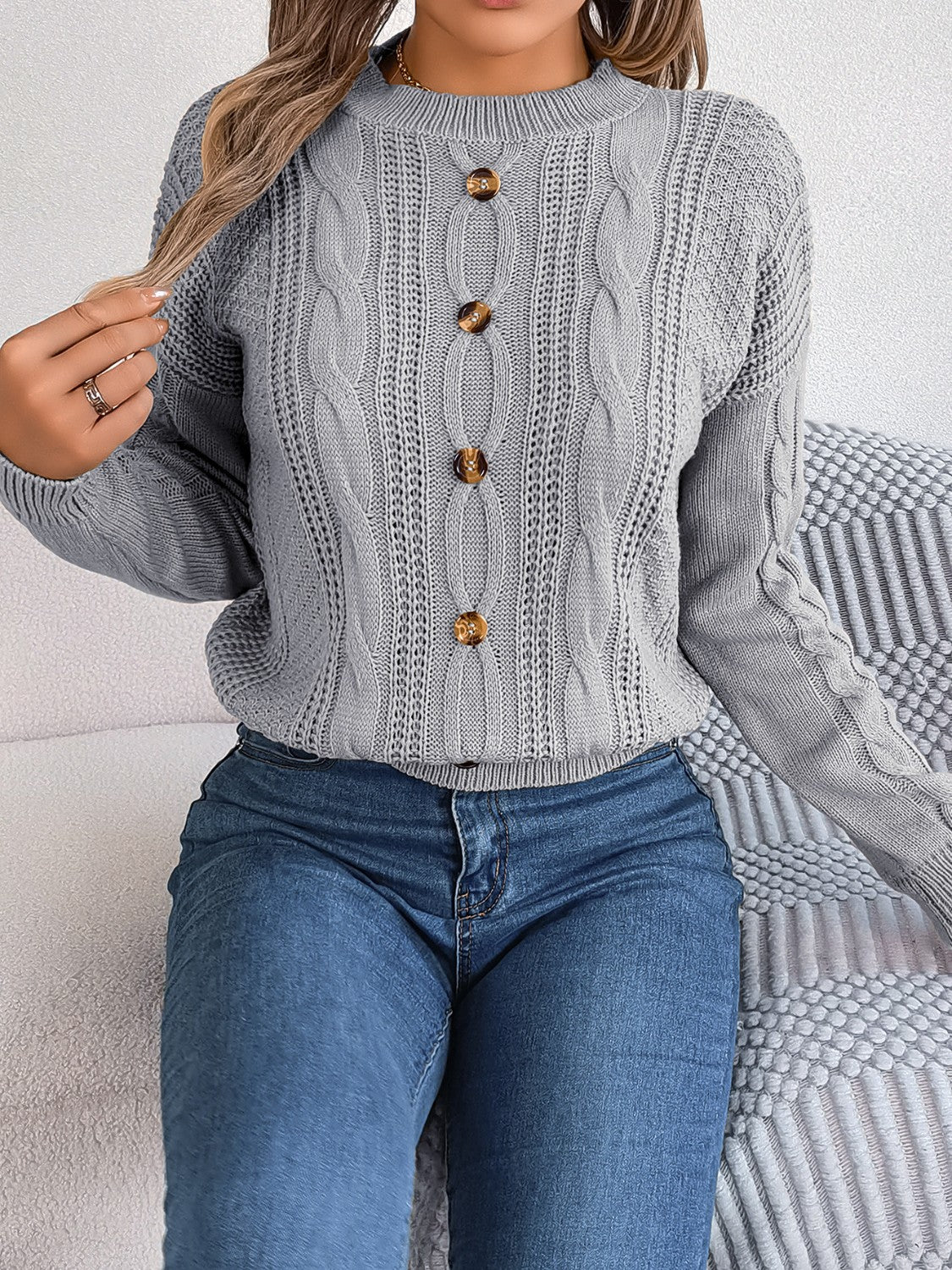 Cable-Knit Buttoned Round Neck Sweater - Image 3