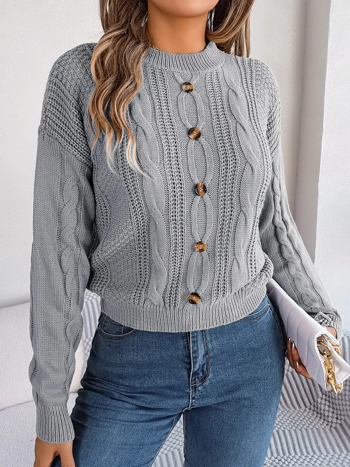 Cable-Knit Buttoned Round Neck Sweater - Image 4