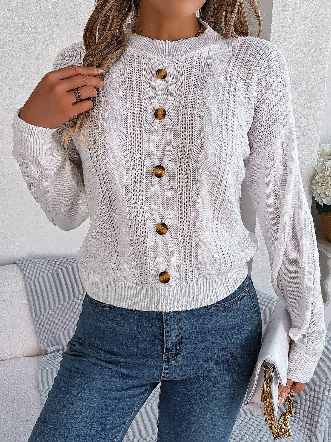 Cable-Knit Buttoned Round Neck Sweater - Image 5